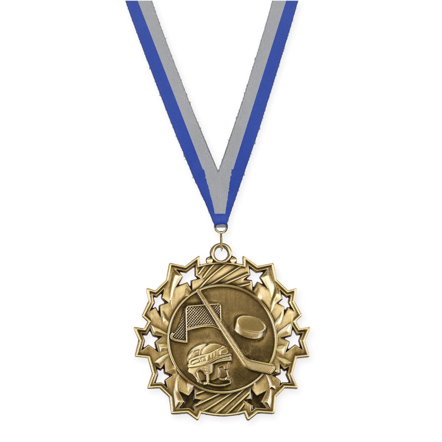 2 1/4 inch hockey Ten Star medal in antique gold with Blue Gray neck ribbon