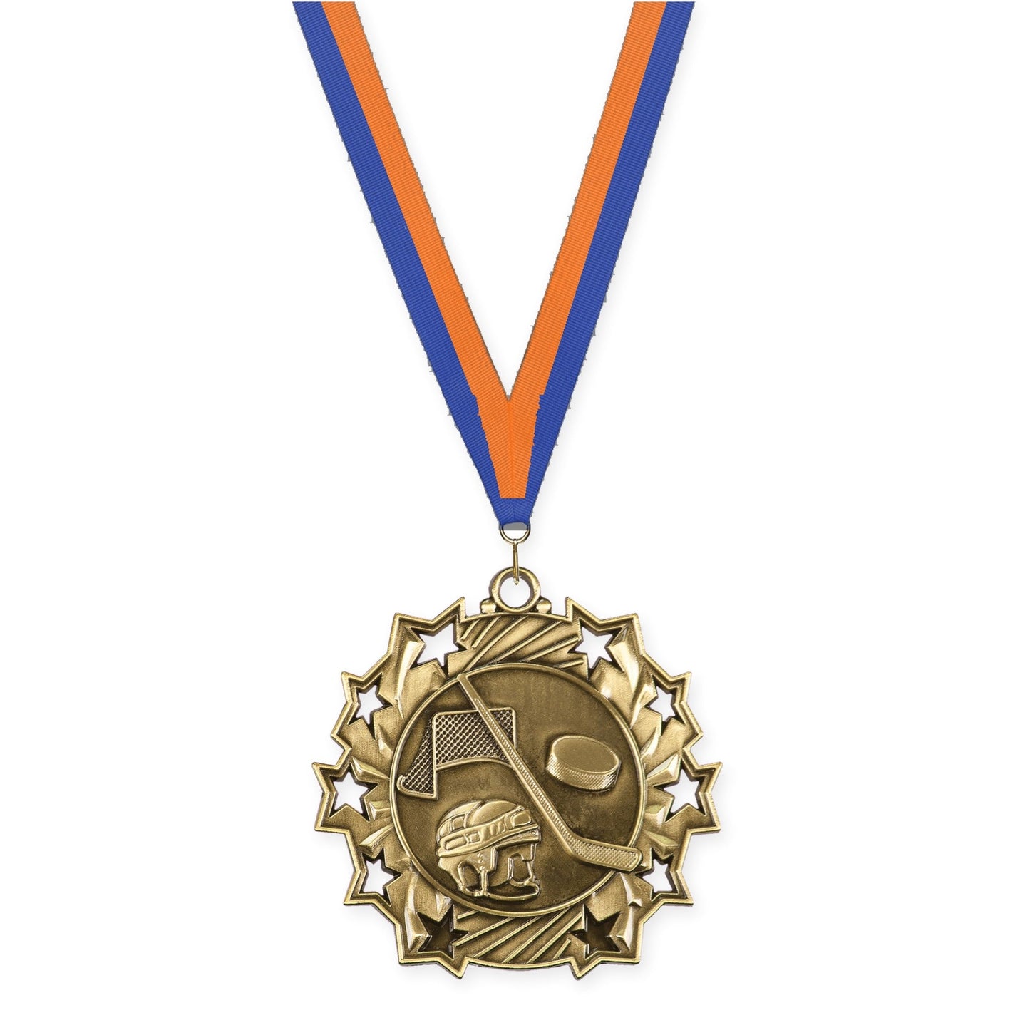 2 1/4 inch hockey Ten Star medal in antique gold with Blue Orange neck ribbon