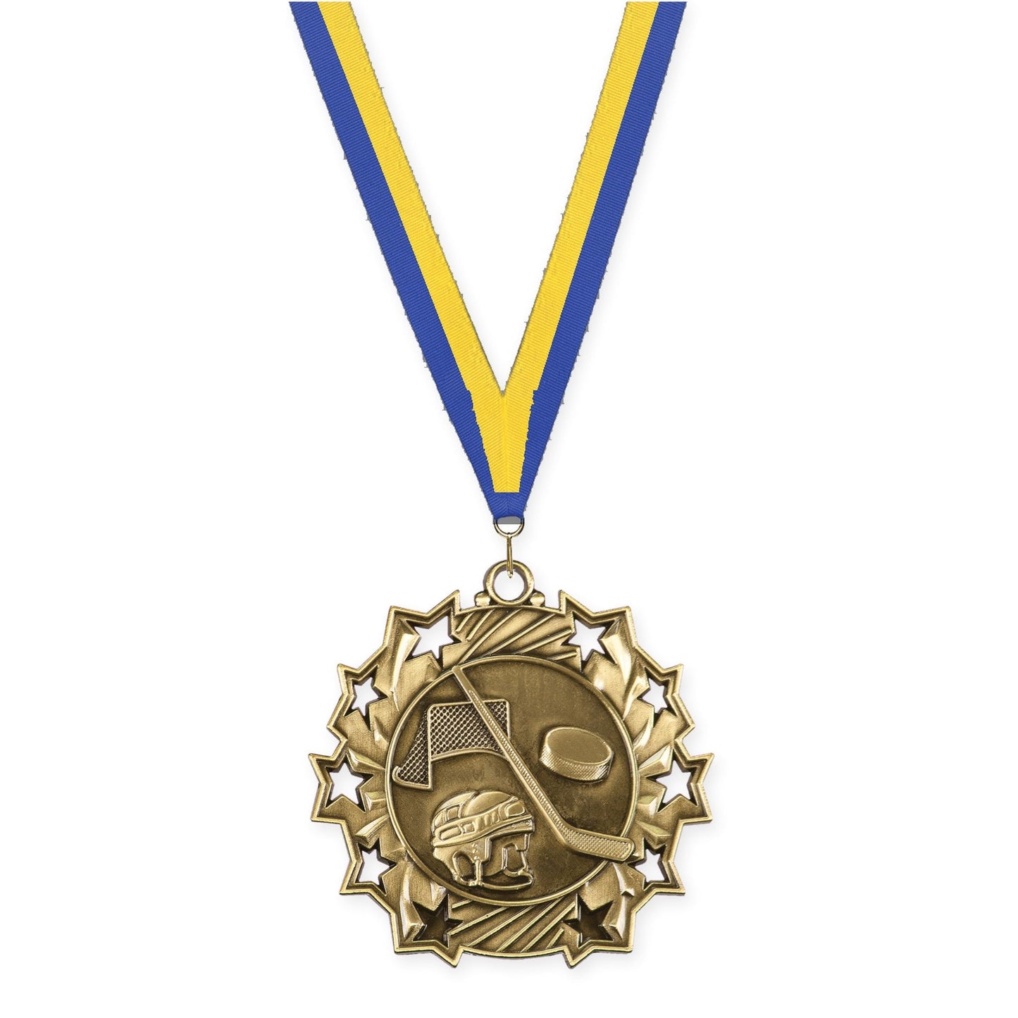 2 1/4 inch hockey Ten Star medal in antique gold with Blue Yellow neck ribbon