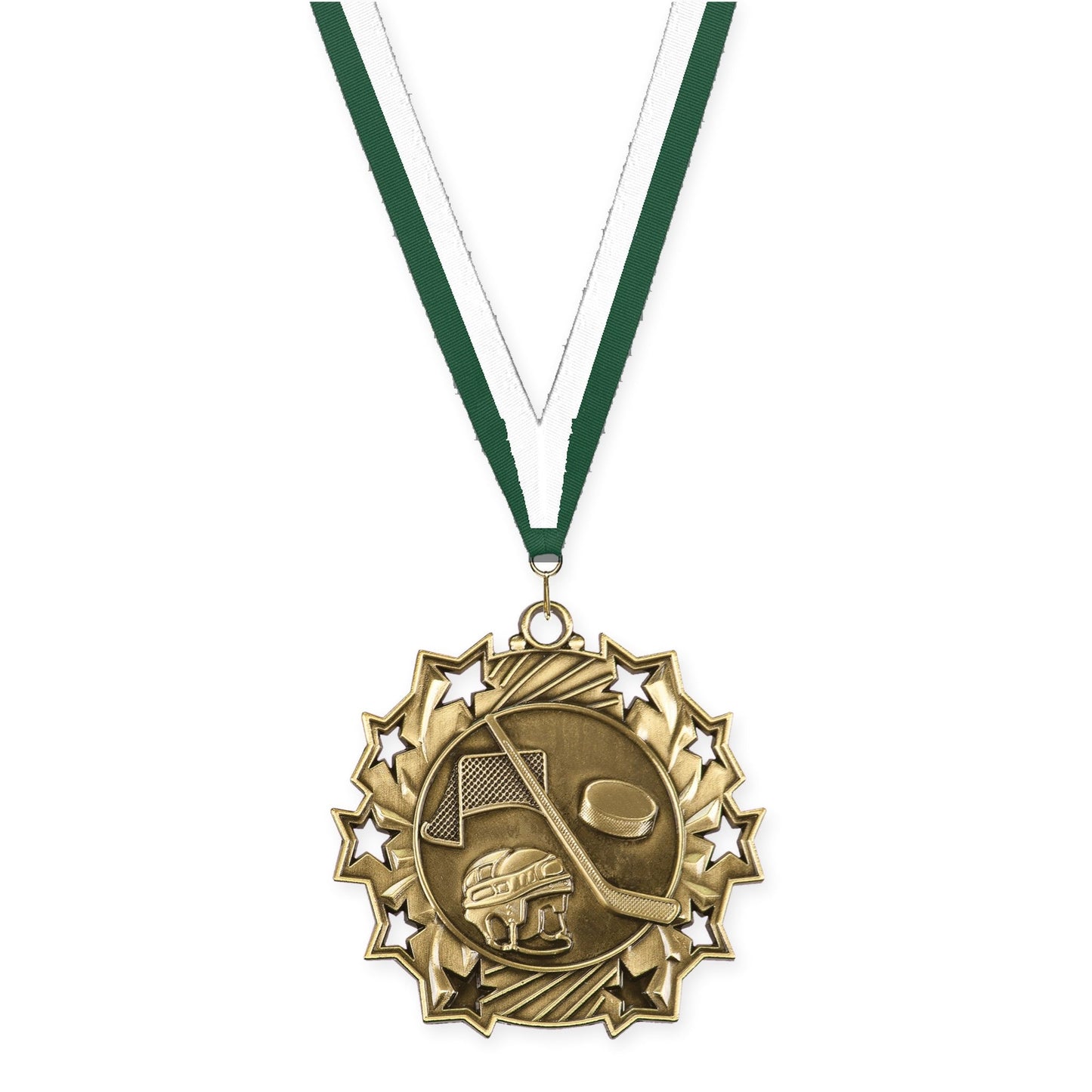 2 1/4 inch hockey Ten Star medal in antique gold with Hunter Green White neck ribbon