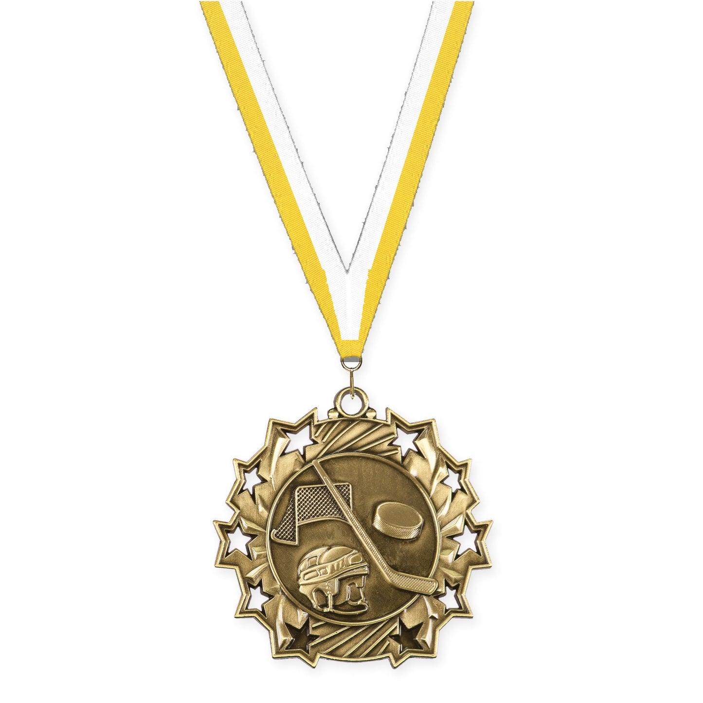 2 1/4 inch hockey Ten Star medal in antique gold with Yellow White neck ribbon