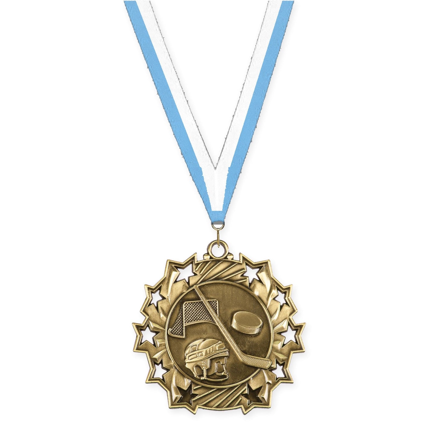 2 1/4 inch hockey Ten Star medal in antique gold with Light Blue White neck ribbon