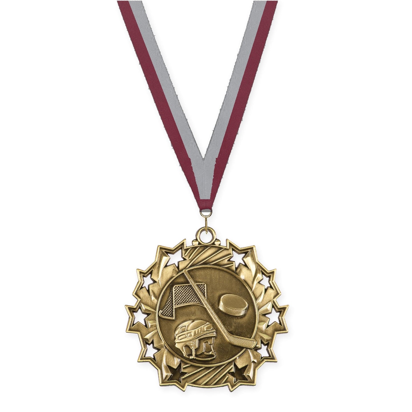 2 1/4 inch hockey Ten Star medal in antique gold with Maroon Gray neck ribbon