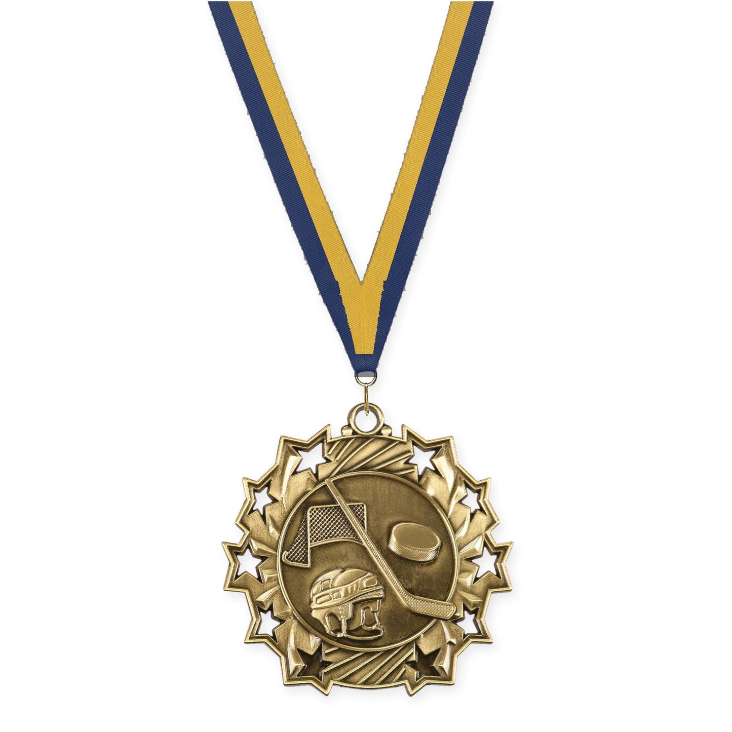 2 1/4 inch hockey Ten Star medal in antique gold with Navy Gold neck ribbon
