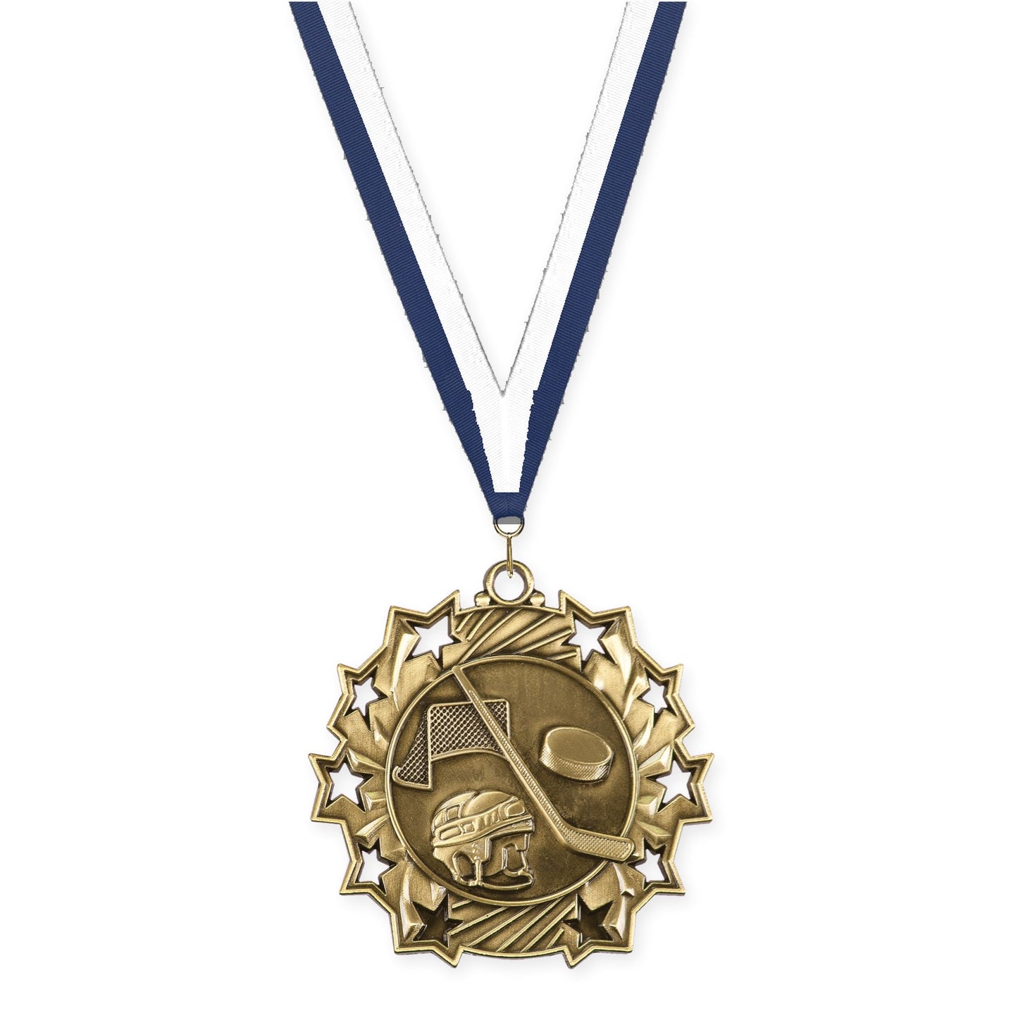 2 1/4 inch hockey Ten Star medal in antique gold with Navy White neck ribbon