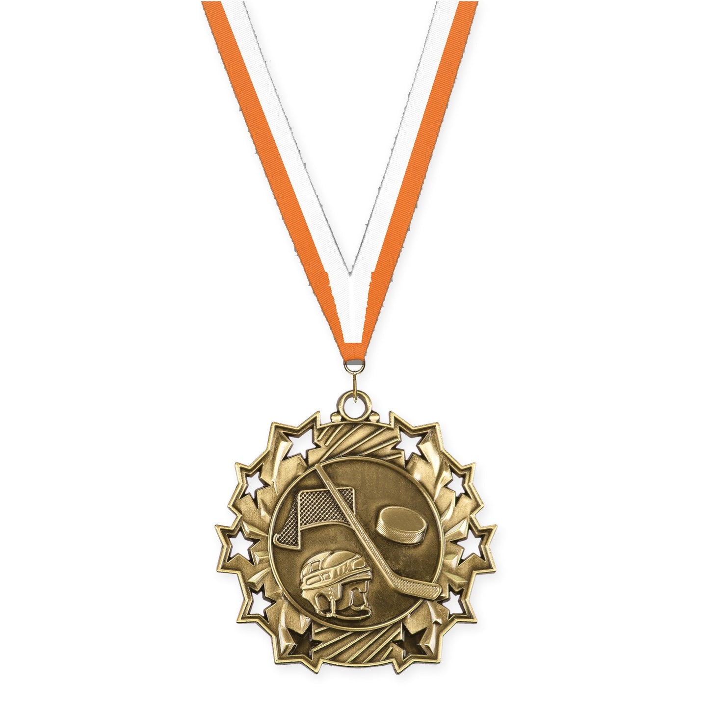 2 1/4 inch hockey Ten Star medal in antique gold with Orange White neck ribbon