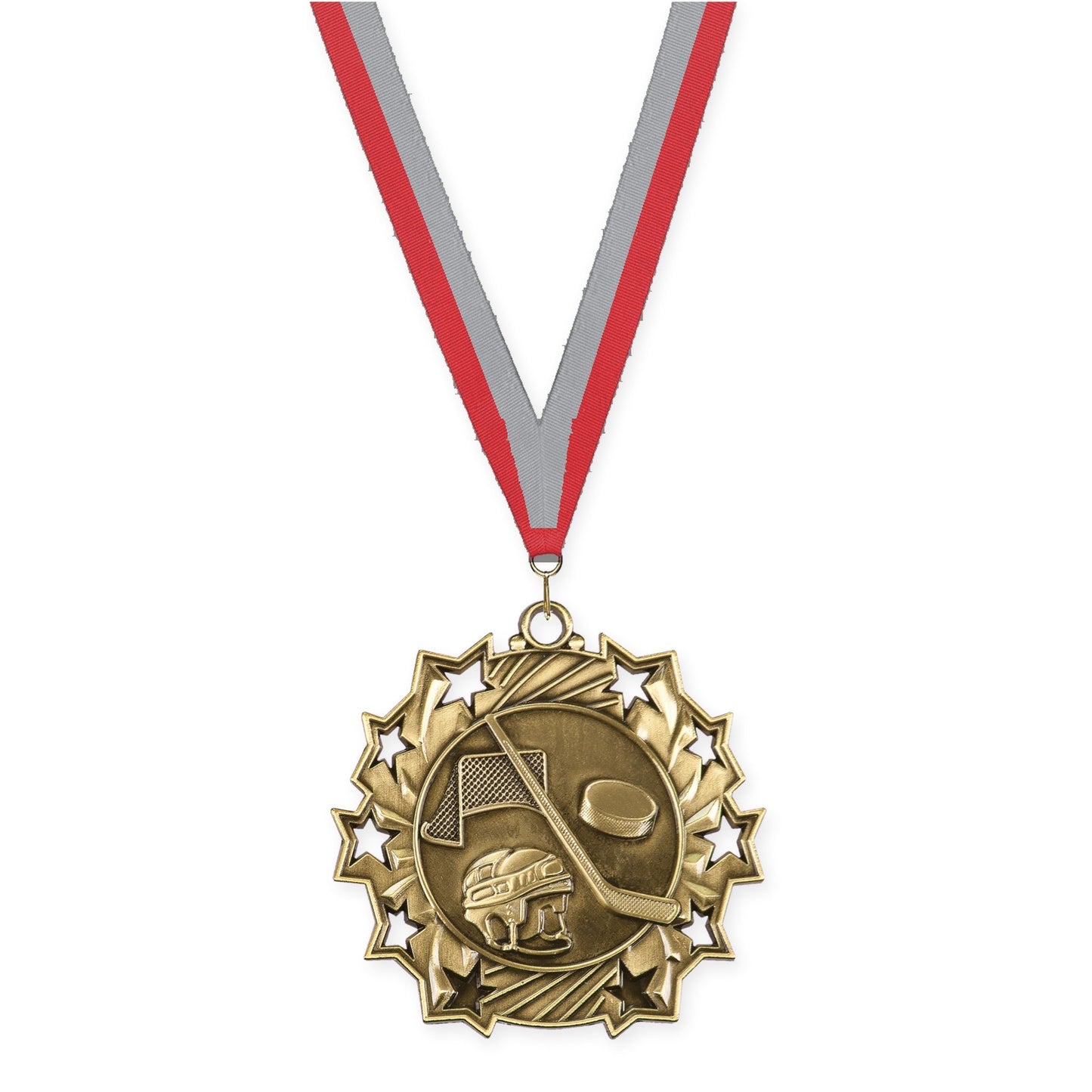 2 1/4 inch hockey Ten Star medal in antique gold with Red Gray neck ribbon