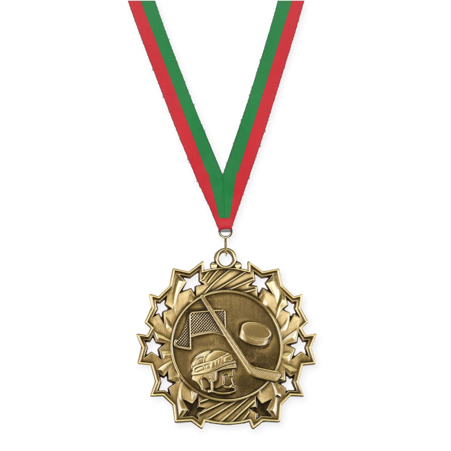2 1/4 inch hockey Ten Star medal in antique gold with Red Green neck ribbon