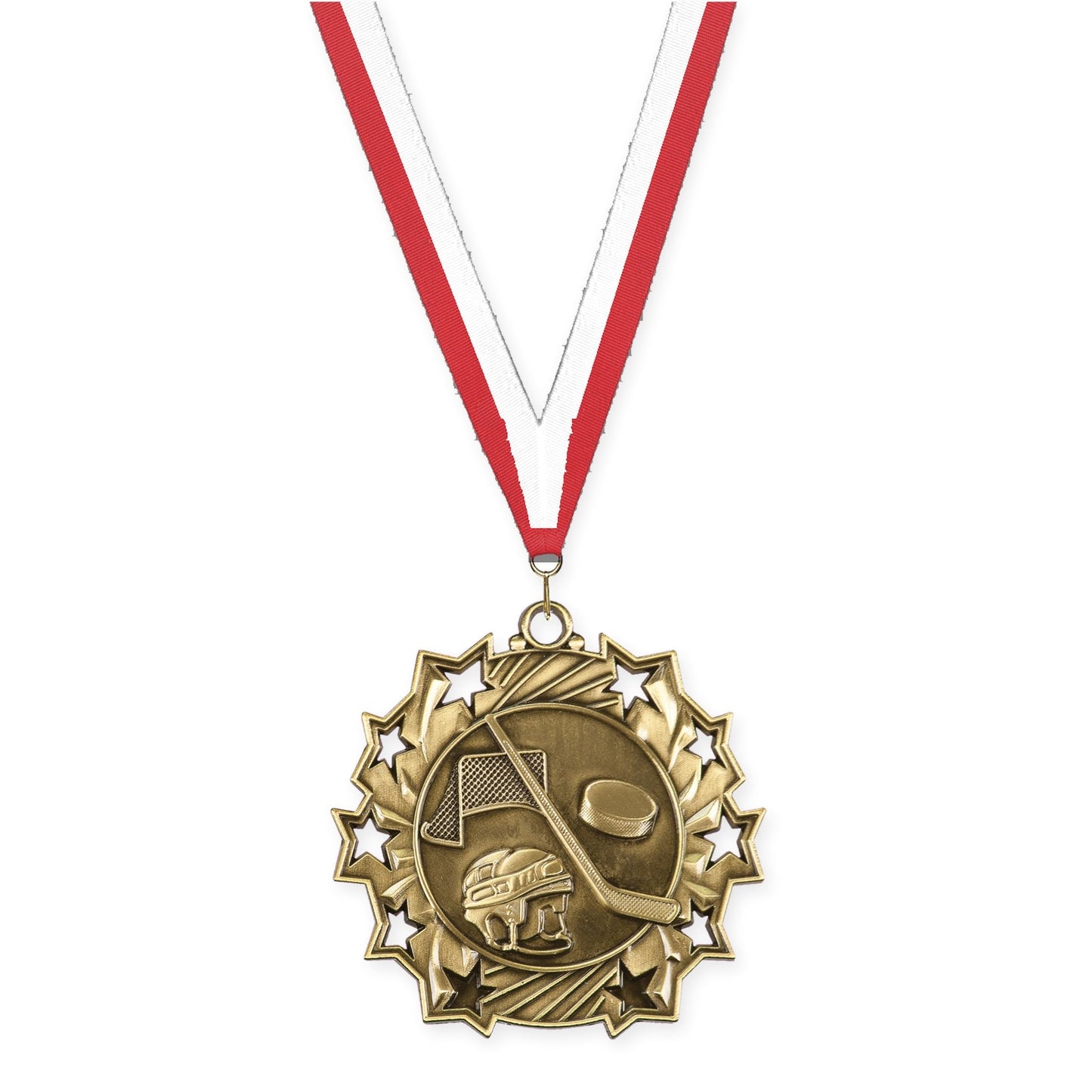 2 1/4 inch hockey Ten Star medal in antique gold with Red White neck ribbon
