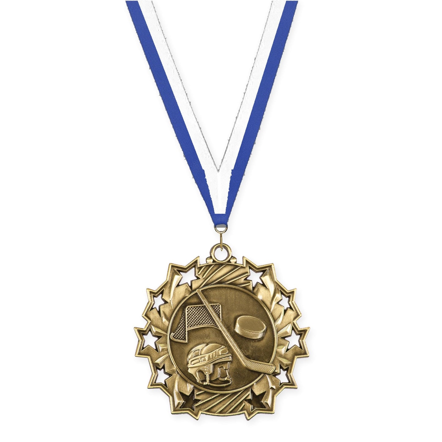 2 1/4 inch hockey Ten Star medal in antique gold with Blue White neck ribbon