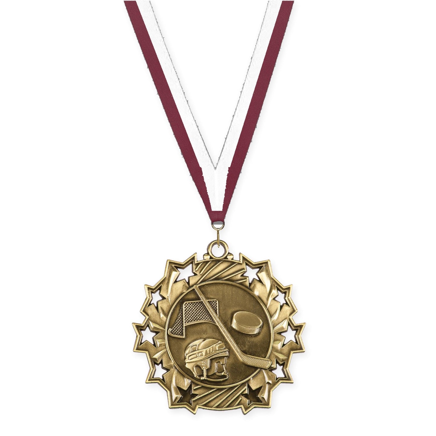 2 1/4 inch hockey Ten Star medal in antique gold with Maroon White neck ribbon