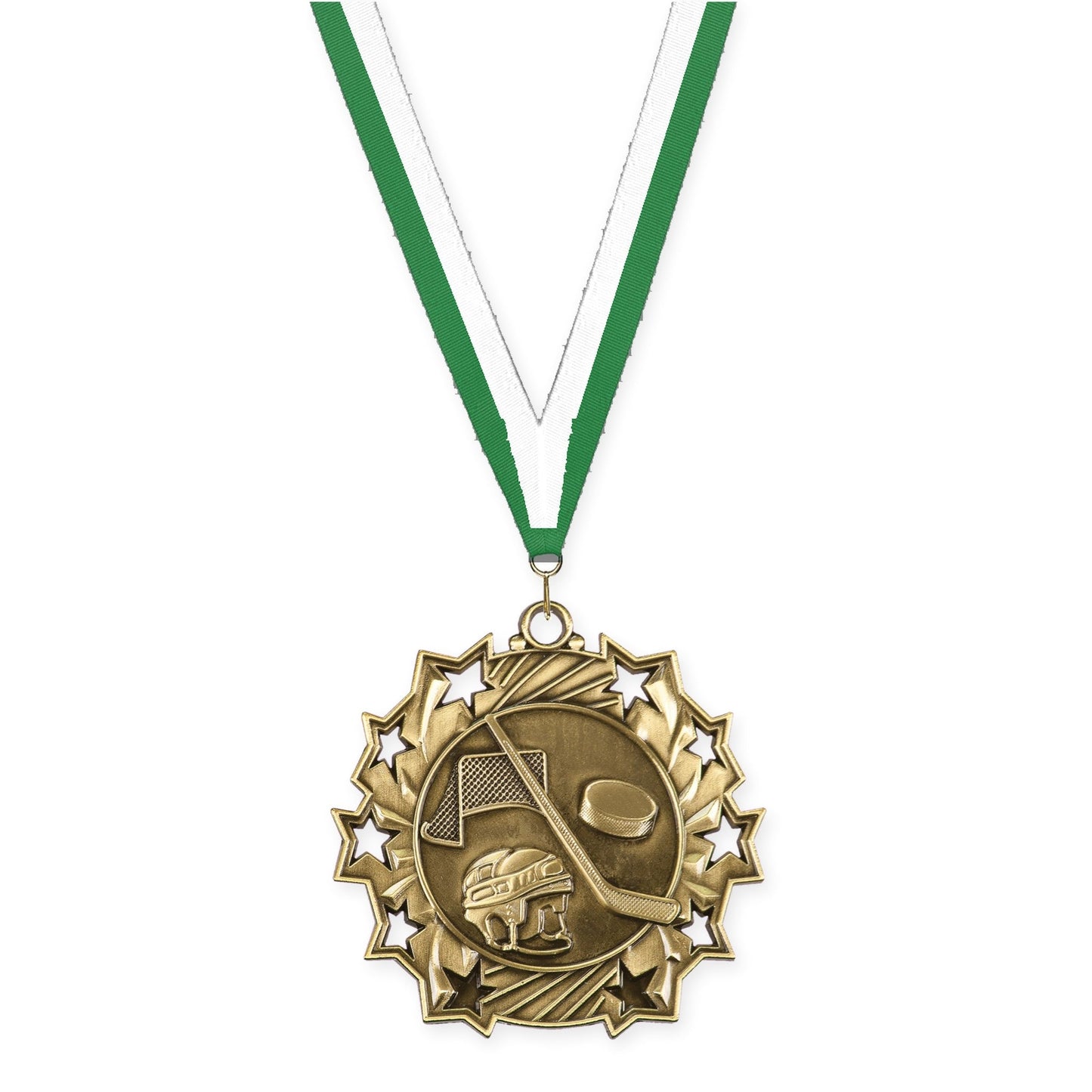 2 1/4 inch hockey Ten Star medal in antique gold with Green White neck ribbon