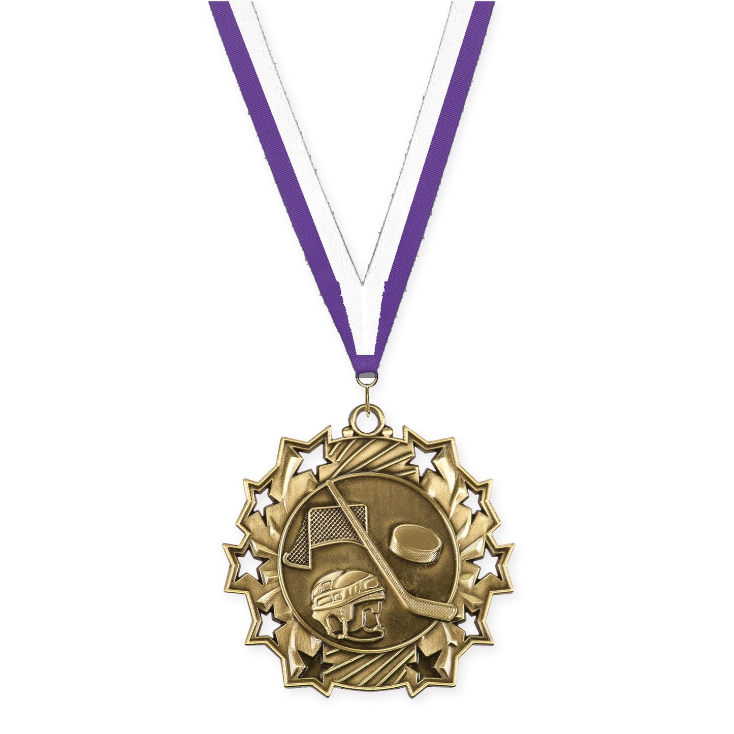 2 1/4 inch hockey Ten Star medal in antique gold with Purple White neck ribbon