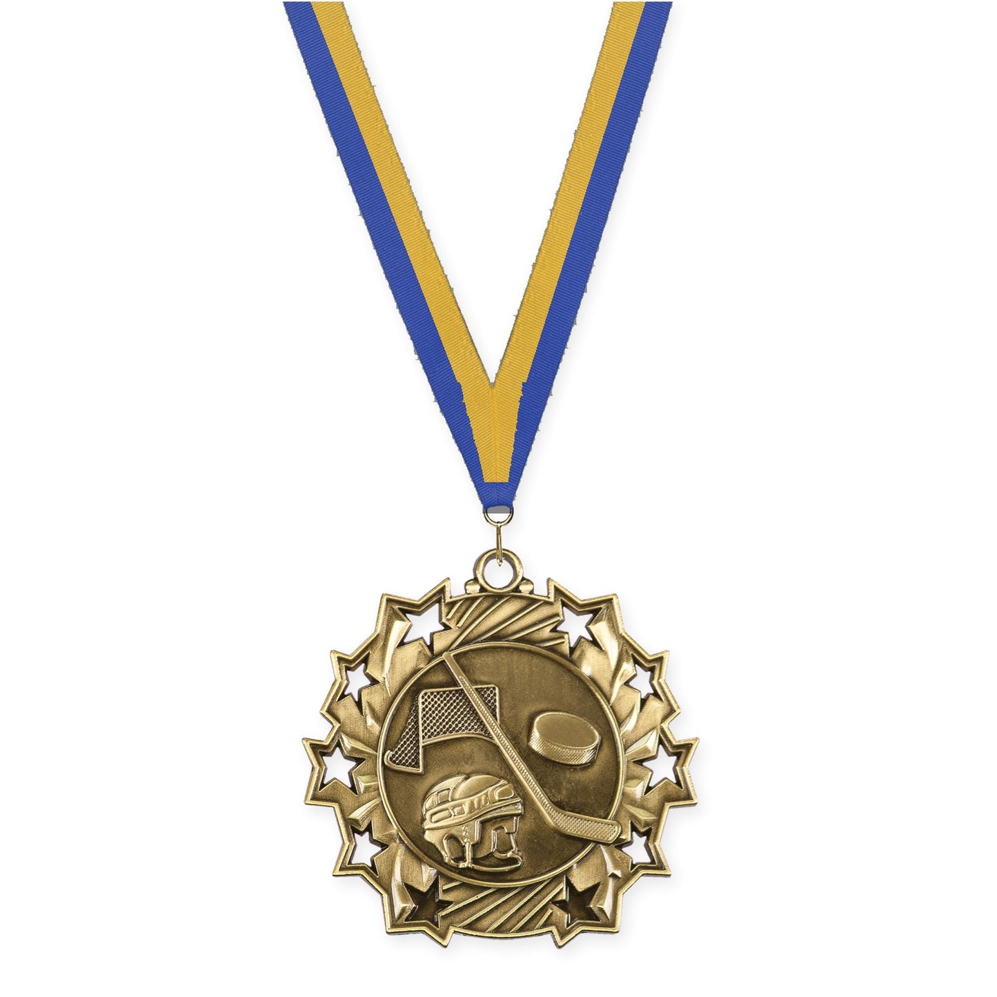 2 1/4 inch hockey Ten Star medal in antique gold with Blue Gold neck ribbon