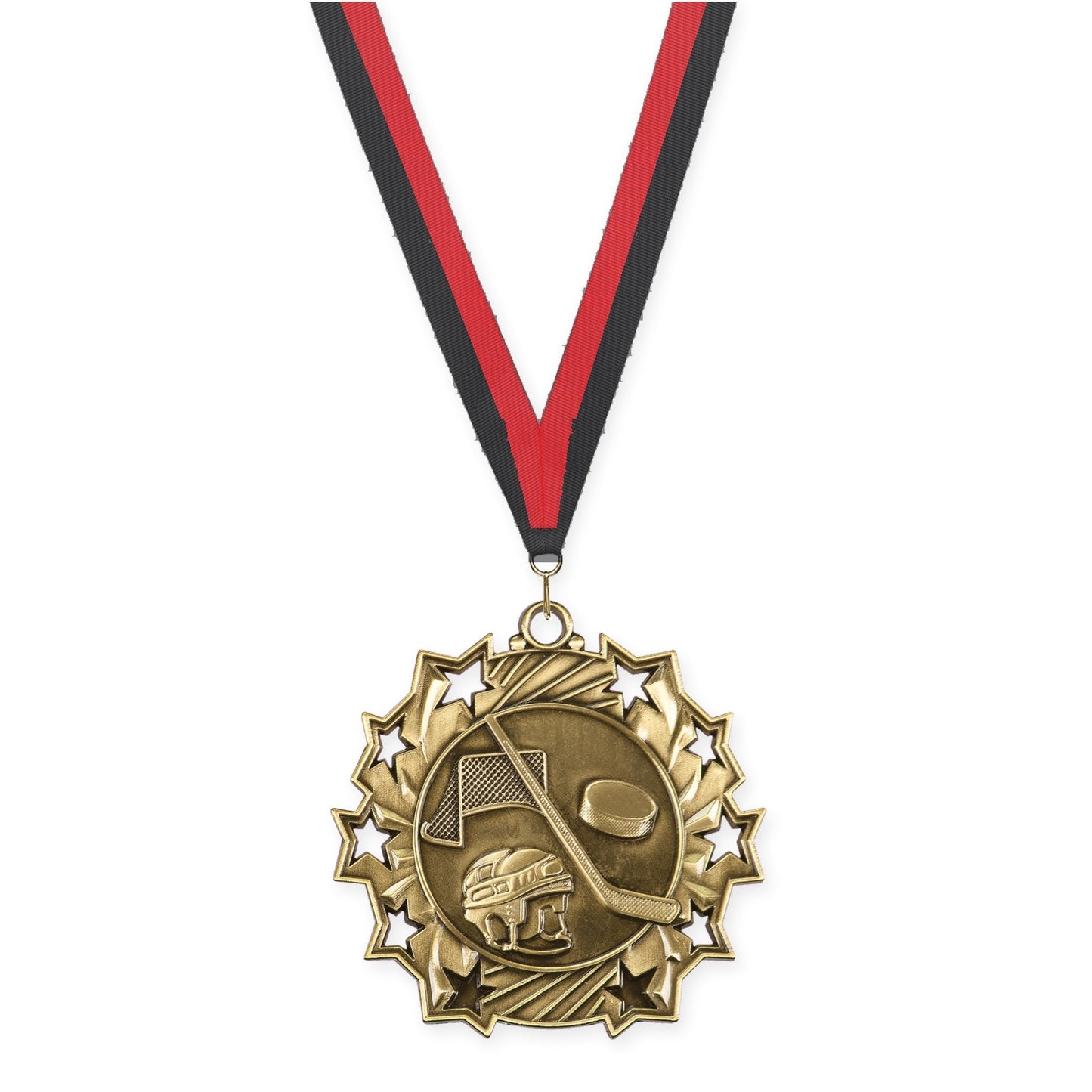 2 1/4 inch hockey Ten Star medal in antique gold with Black Red neck ribbon