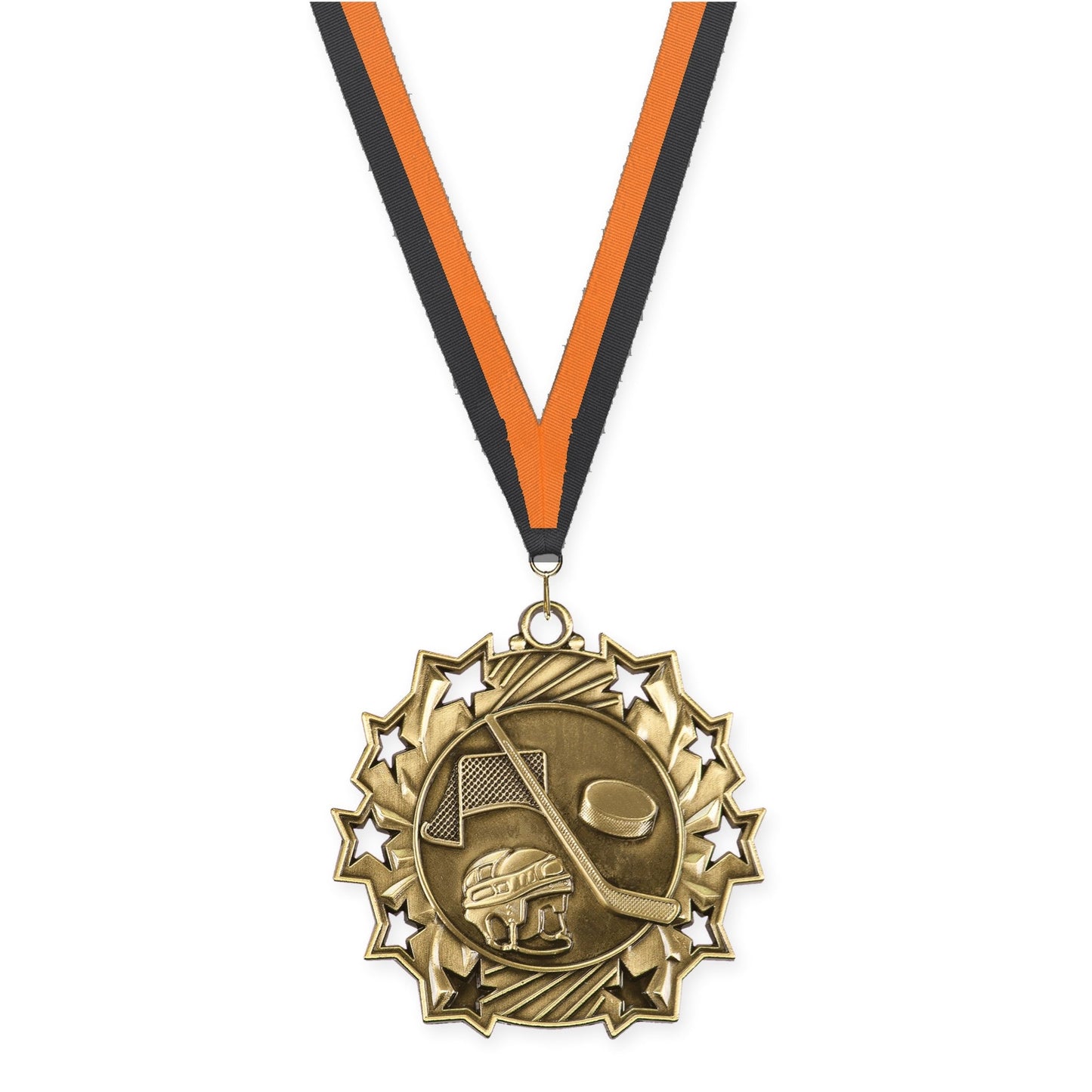 2 1/4 inch hockey Ten Star medal in antique gold with Black Orange neck ribbon