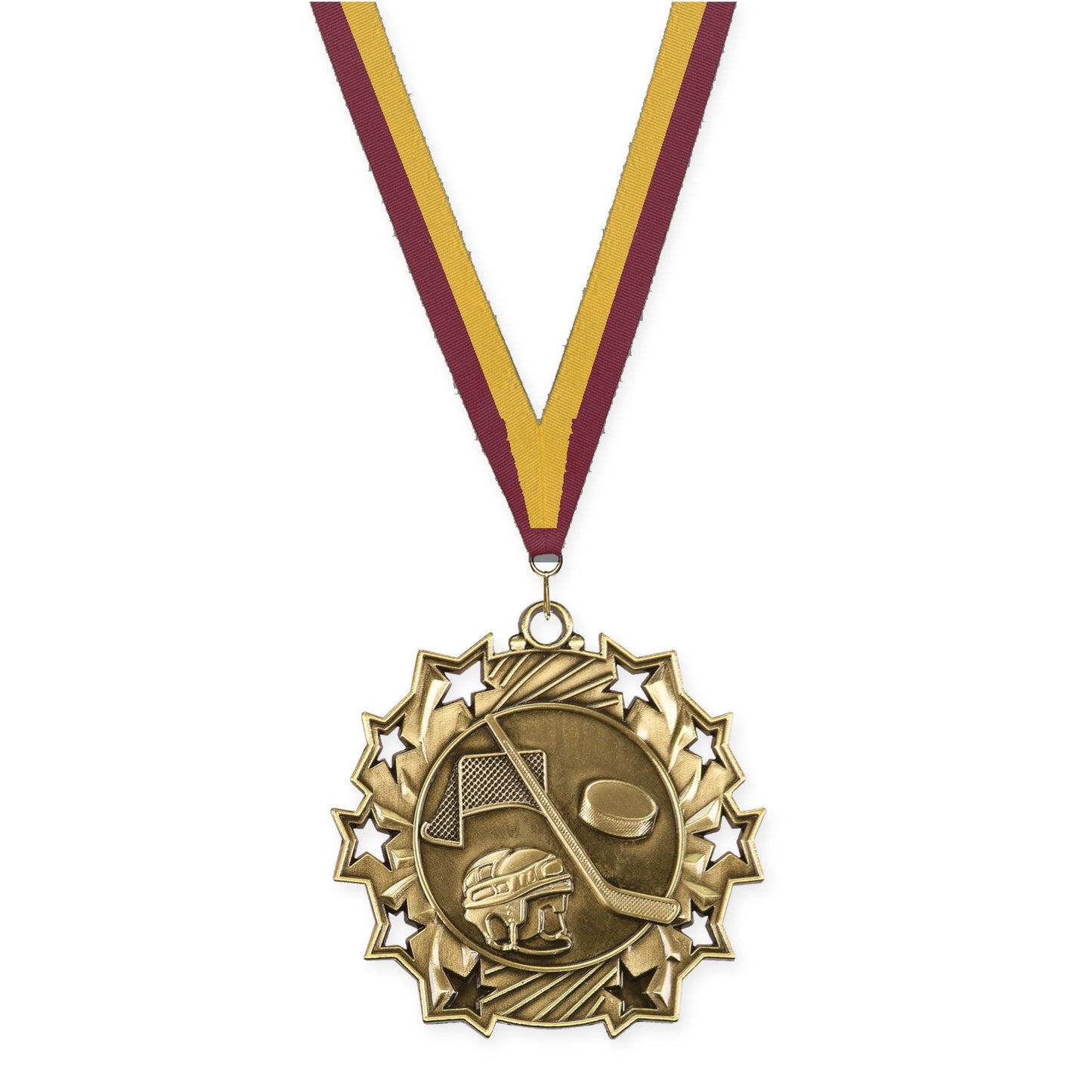 2 1/4 inch hockey Ten Star medal in antique gold with Maroon Gold neck ribbon