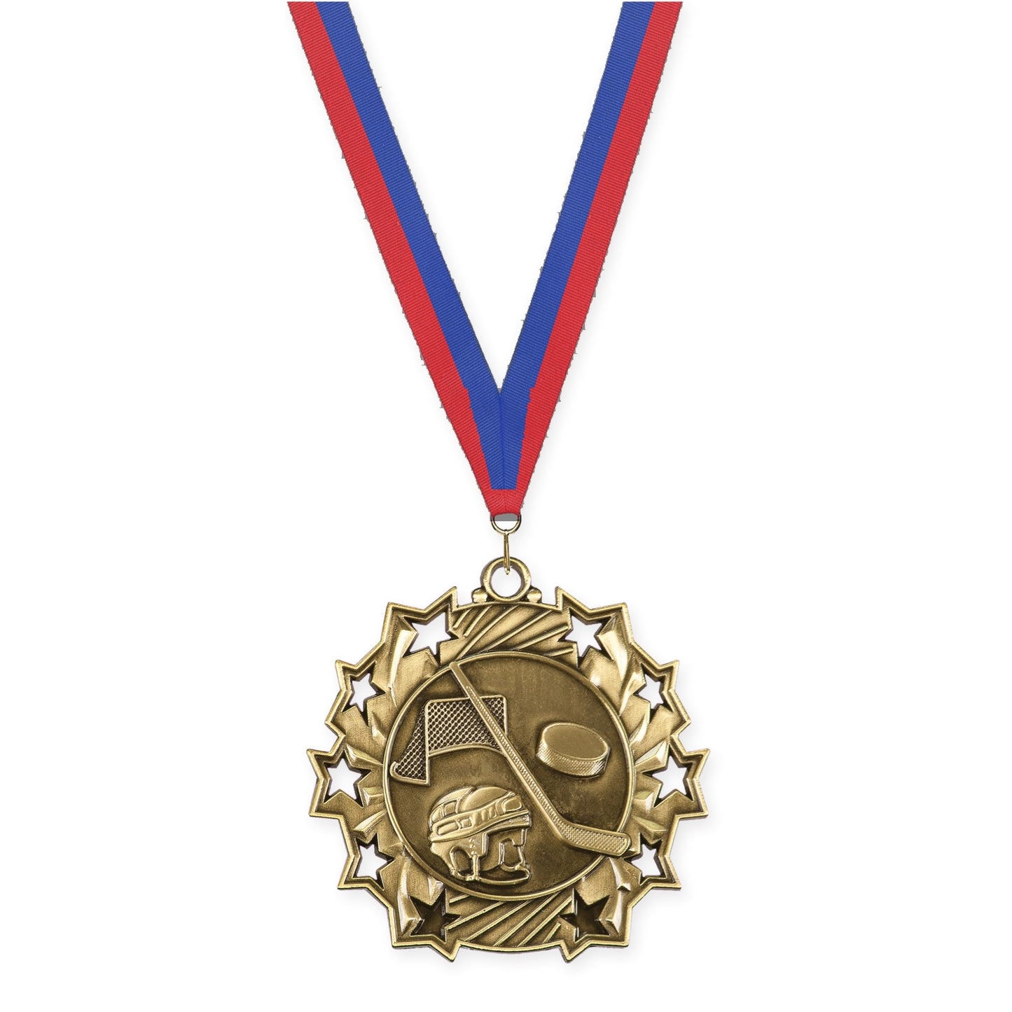 2 1/4 inch hockey Ten Star medal in antique gold with Blue Red neck ribbon