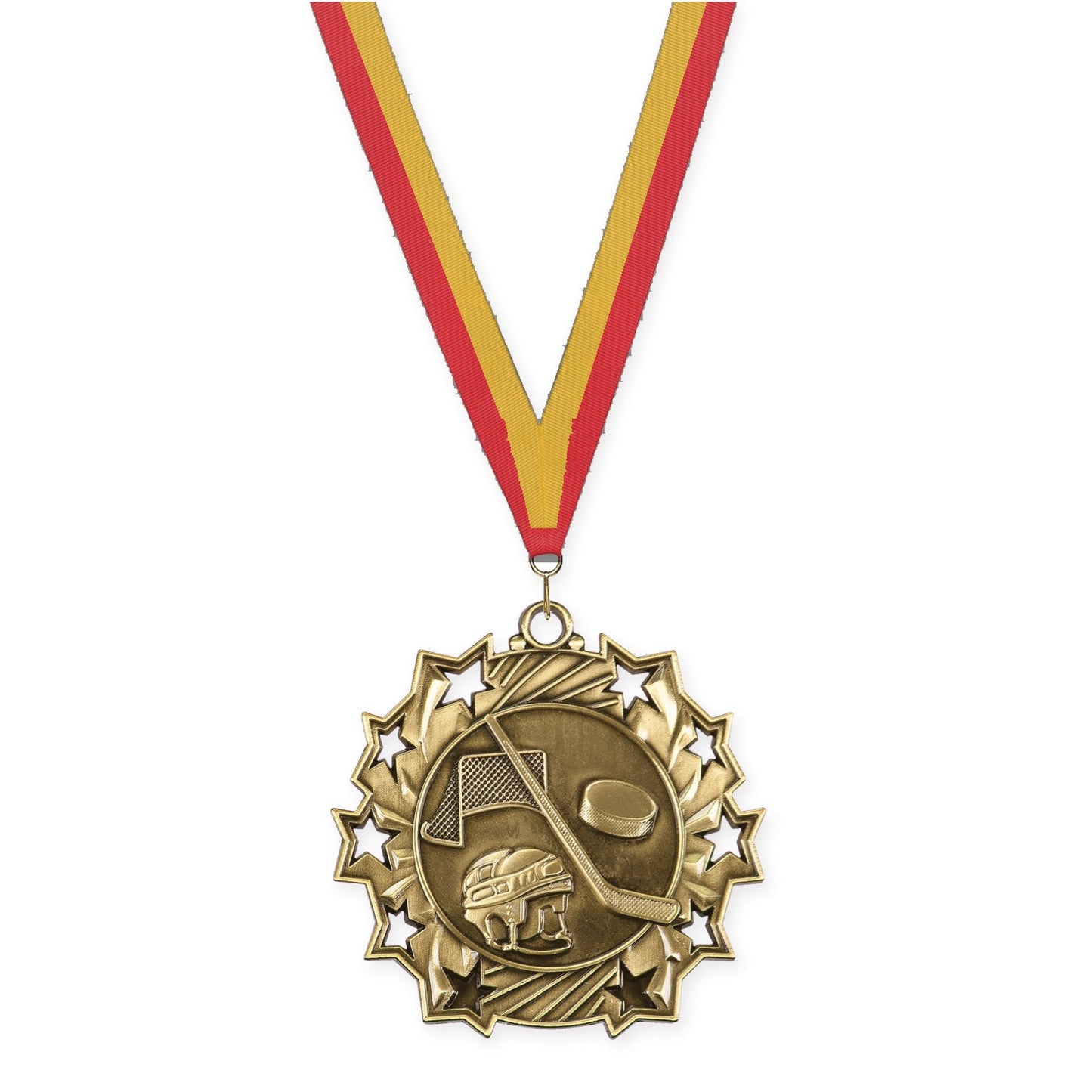 2 1/4 inch hockey Ten Star medal in antique gold with Red Gold neck ribbon