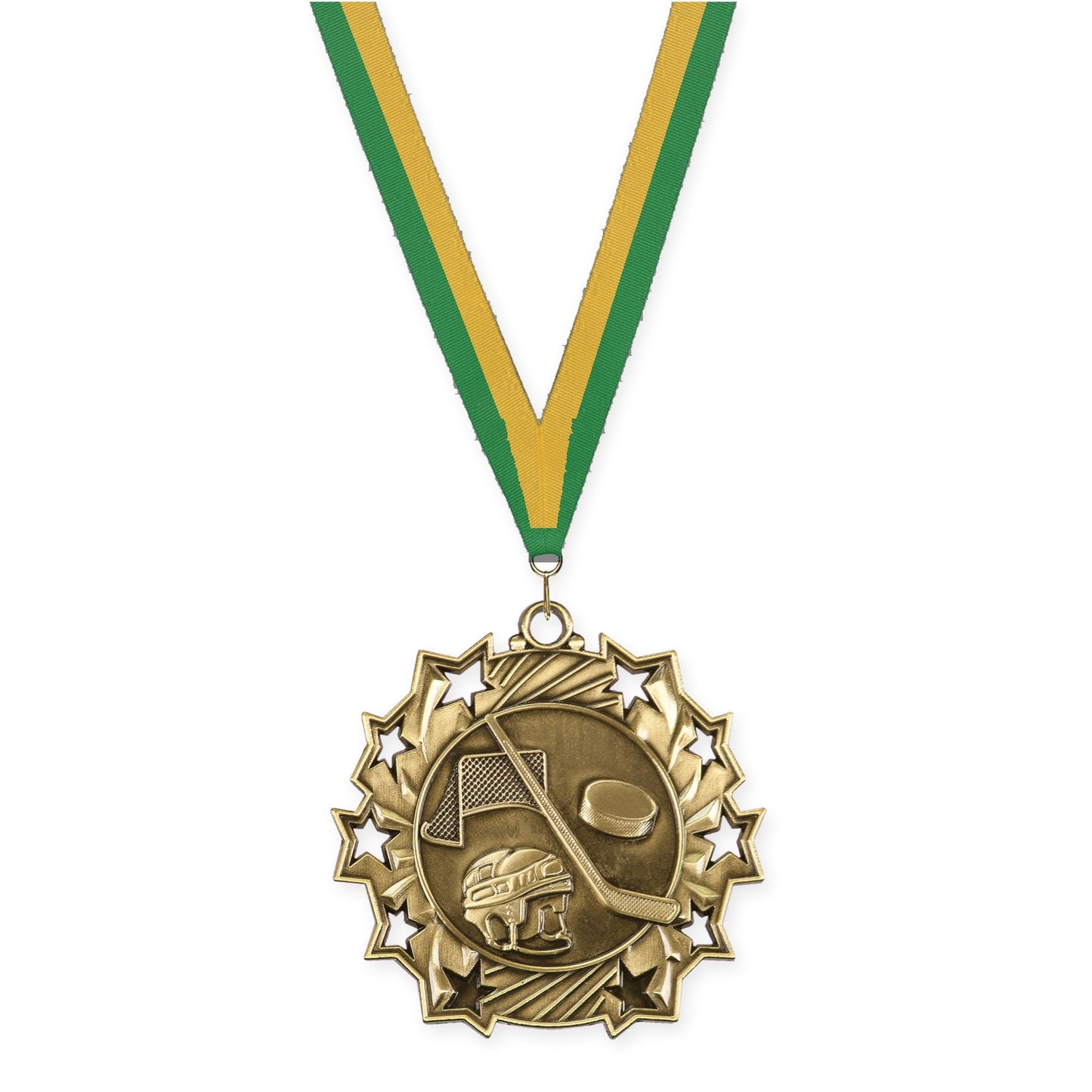 2 1/4 inch hockey Ten Star medal in antique gold with Green Gold neck ribbon
