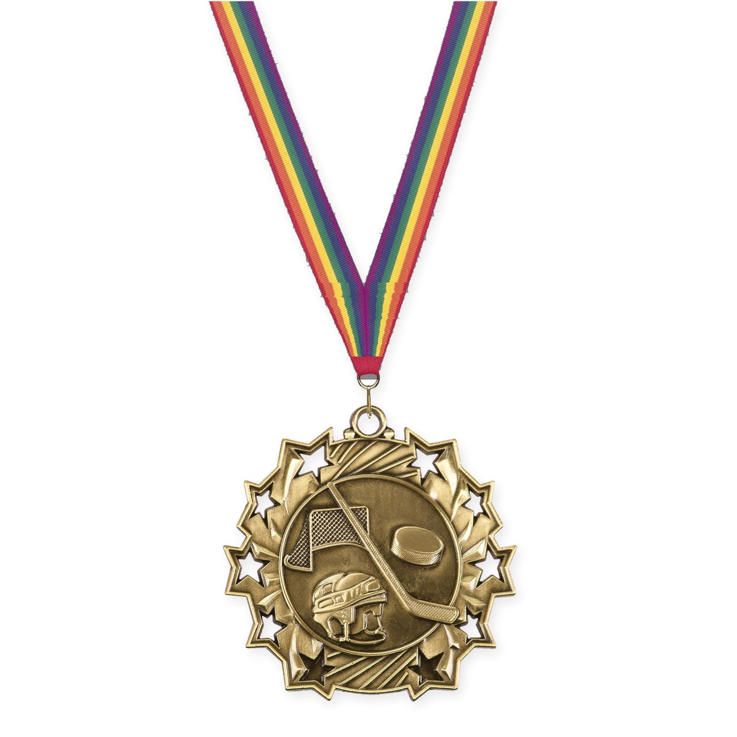 2 1/4 inch hockey Ten Star medal in antique gold with Rainbow neck ribbon