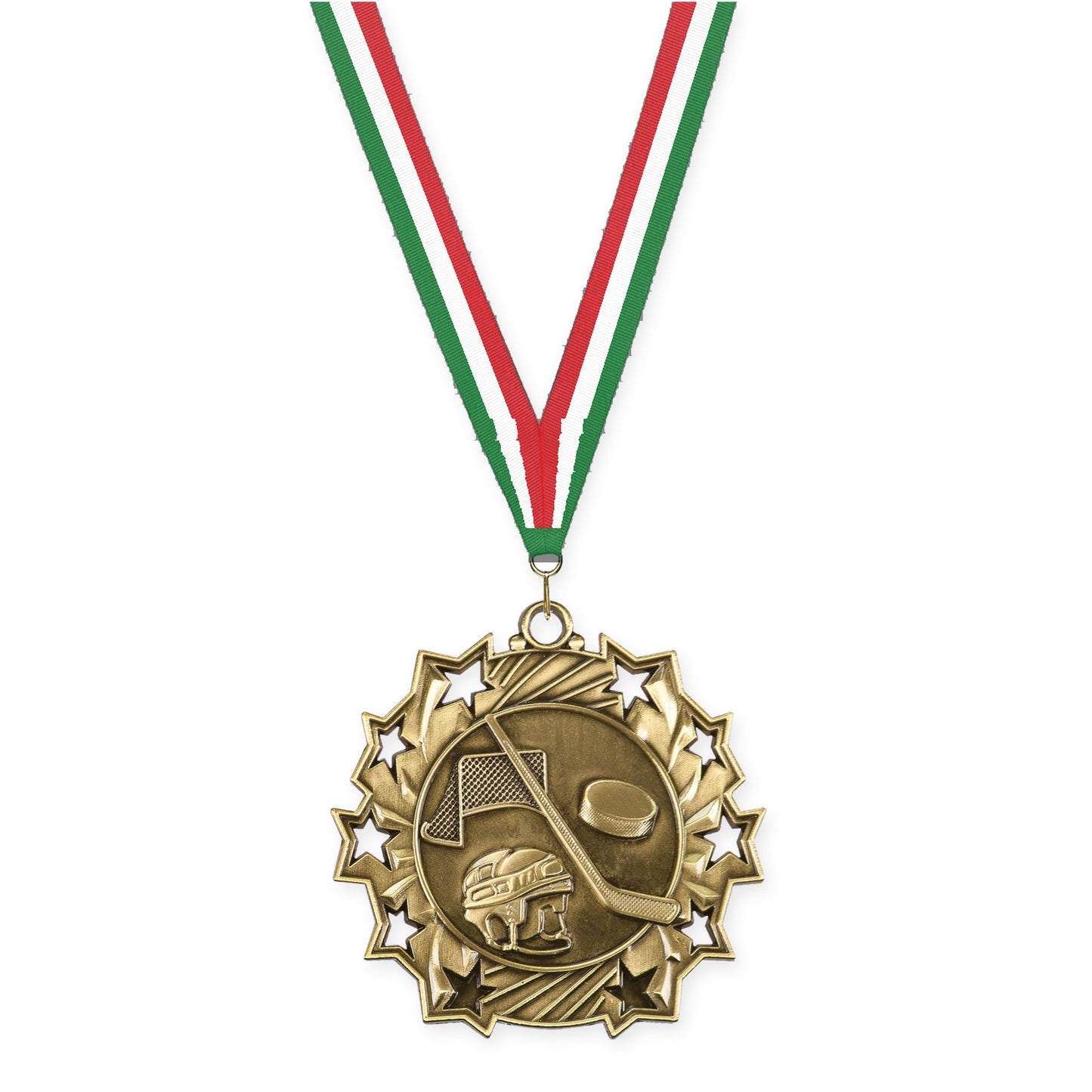 2 1/4 inch hockey Ten Star medal in antique gold with Green White Red neck ribbon