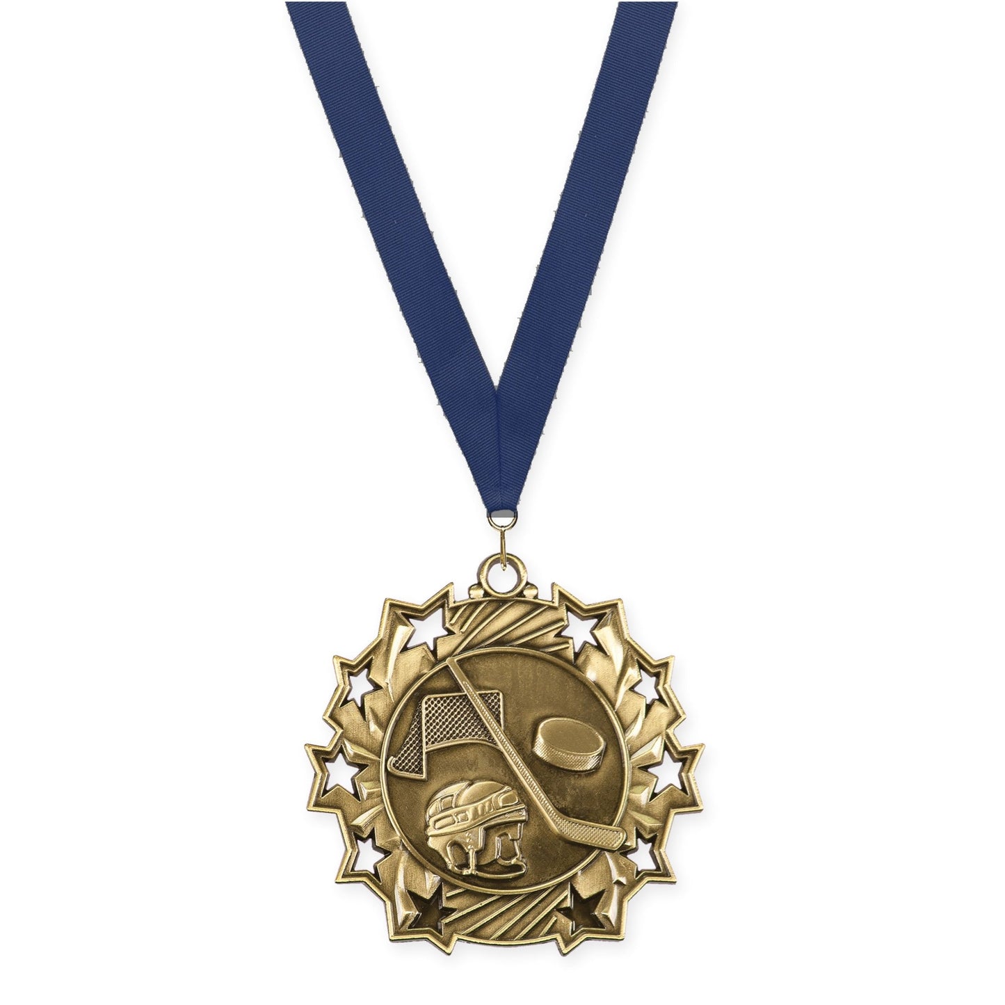 2 1/4 inch hockey Ten Star medal in antique gold with Navy neck ribbon