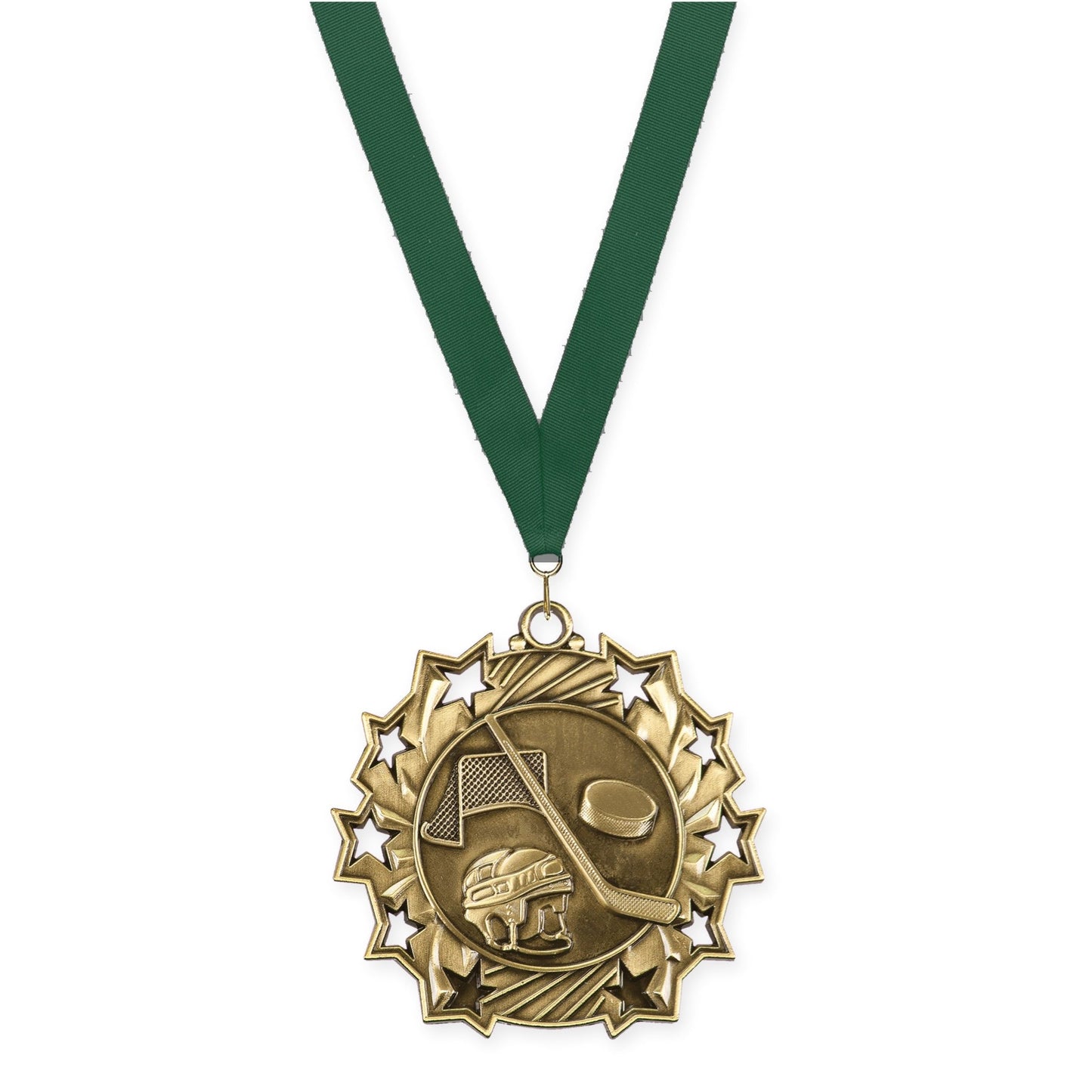 2 1/4 inch hockey Ten Star medal in antique gold with Hunter Green neck ribbon