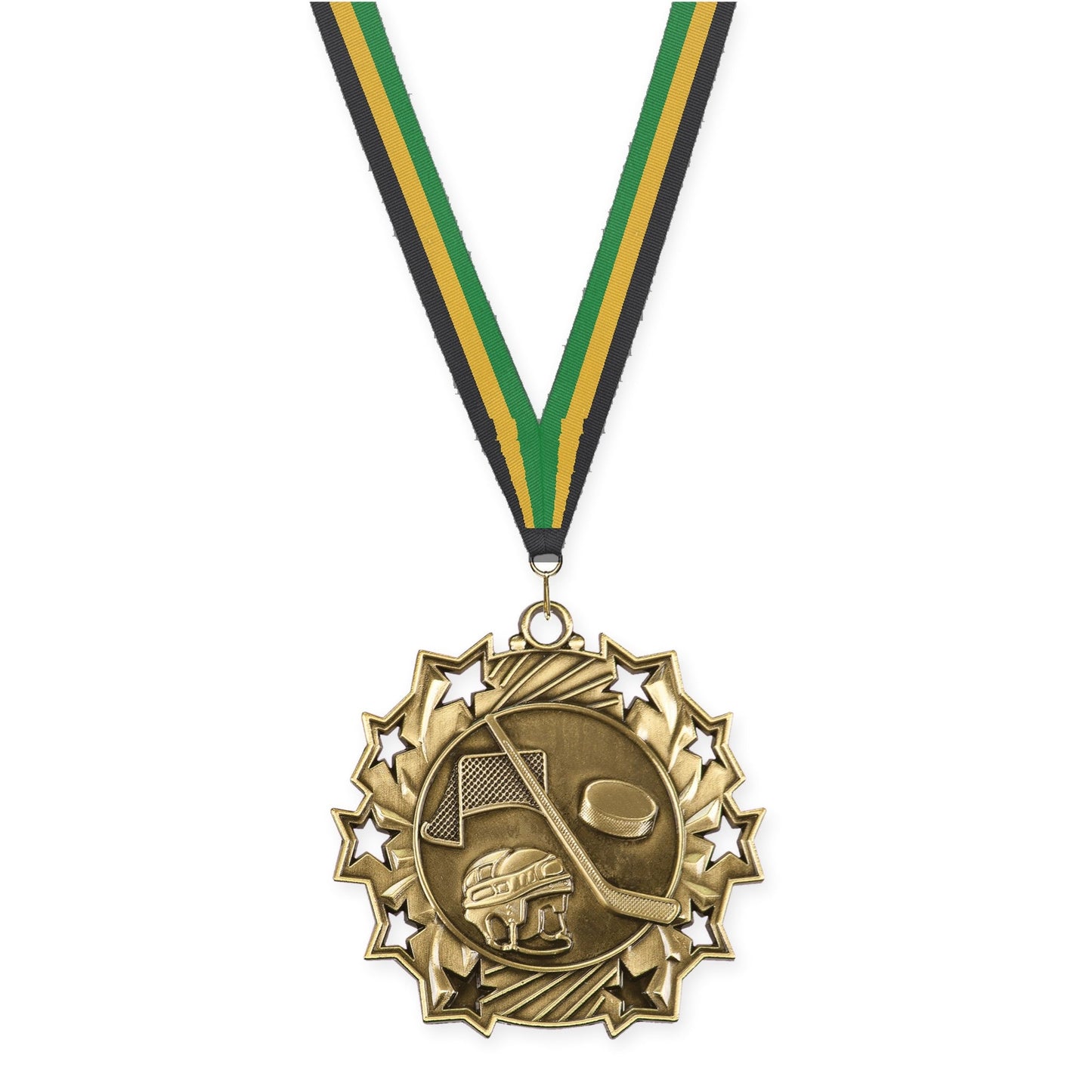 2 1/4 inch hockey Ten Star medal in antique gold with Black Gold Green neck ribbon