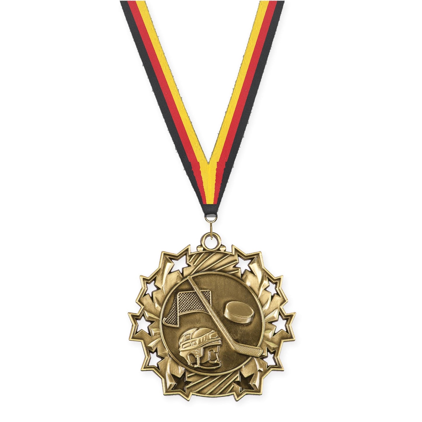 2 1/4 inch hockey Ten Star medal in antique gold with Black Red Yellow neck ribbon