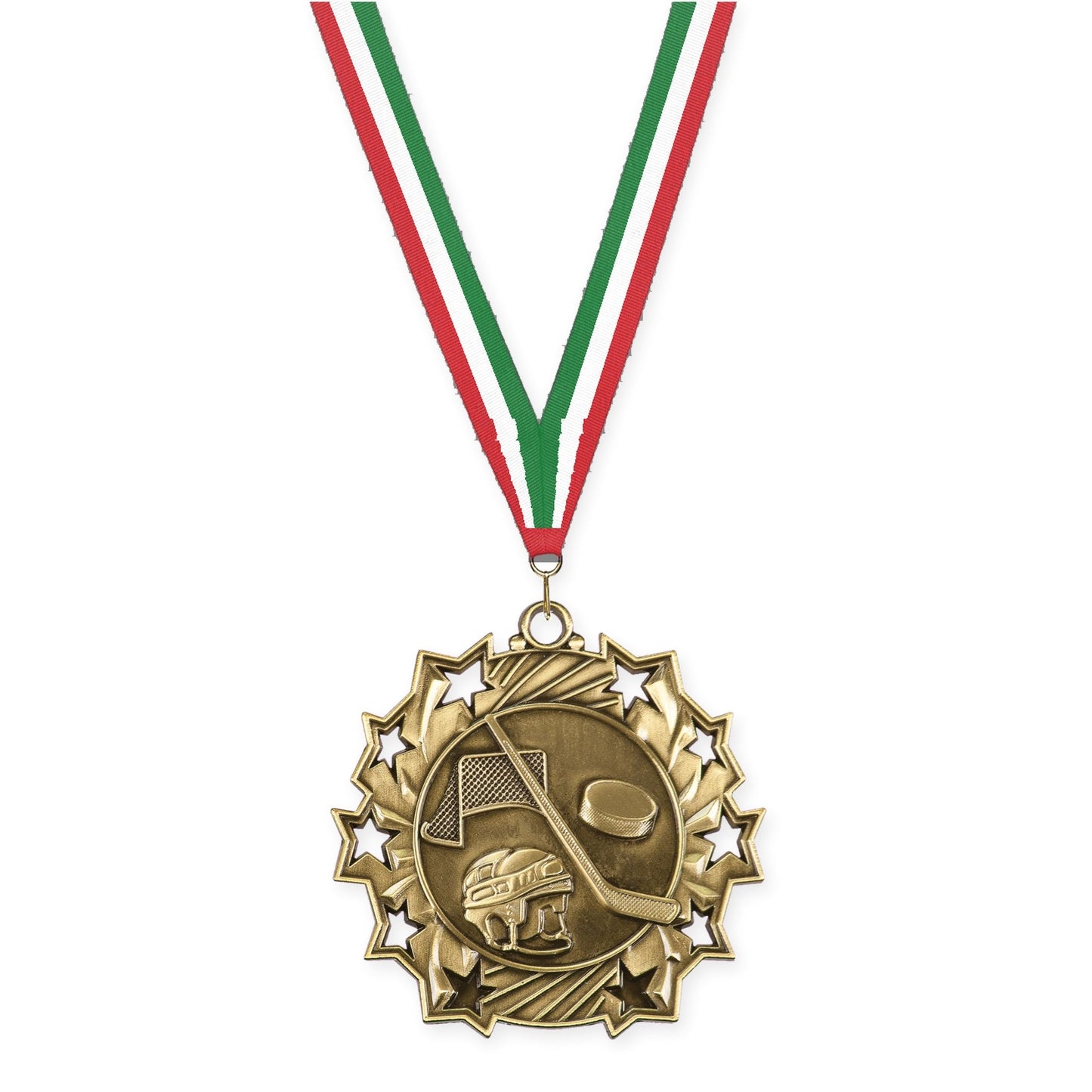 2 1/4 inch hockey Ten Star medal in antique gold with Red White Green neck ribbon