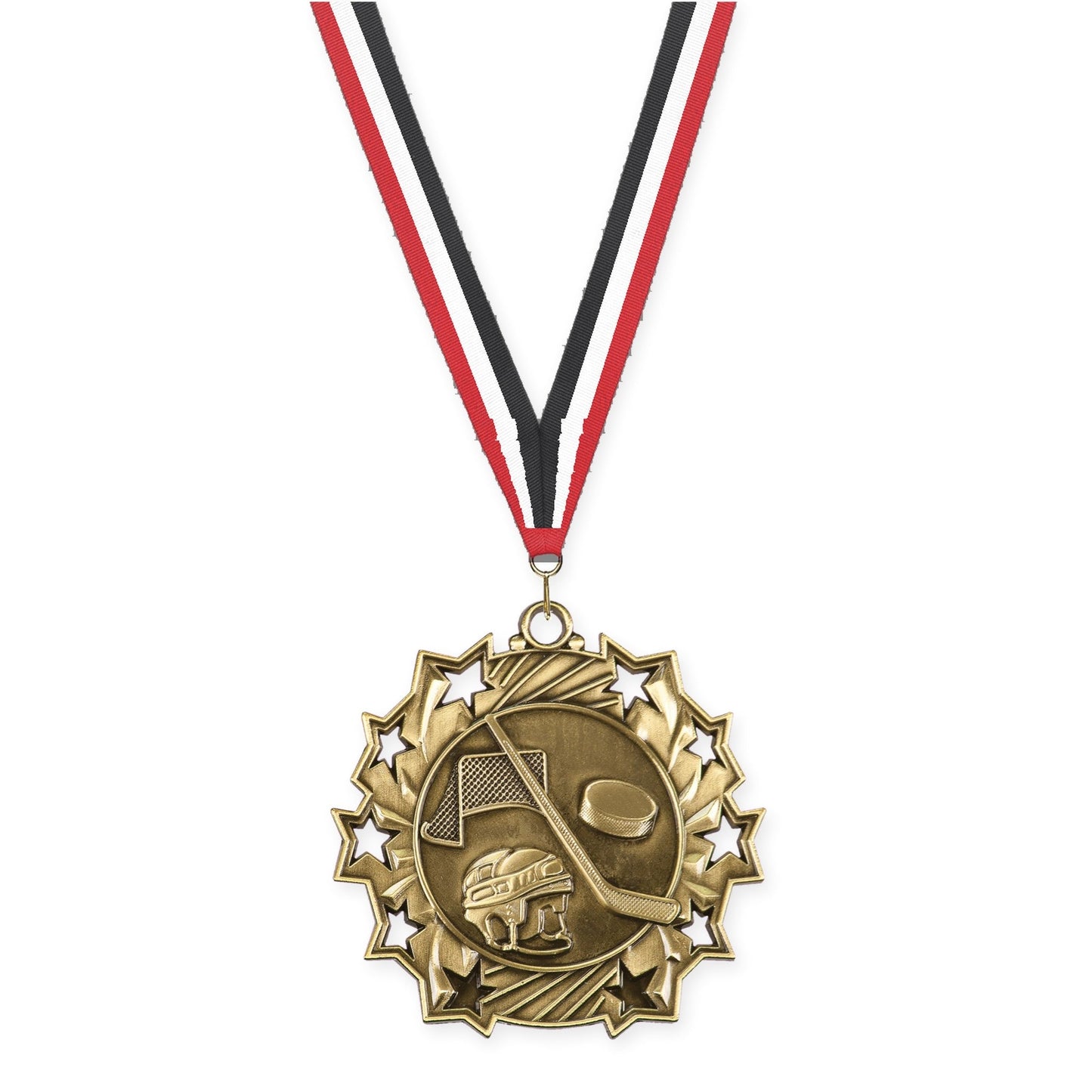 2 1/4 inch hockey Ten Star medal in antique gold with Red White Black neck ribbon