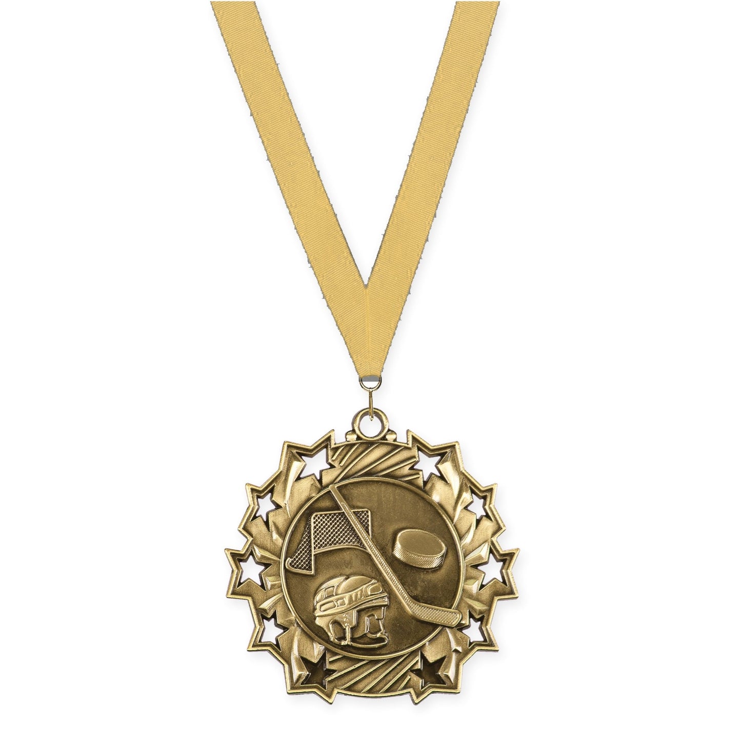 2 1/4 inch hockey Ten Star medal in antique gold with Gold Metallic neck ribbon