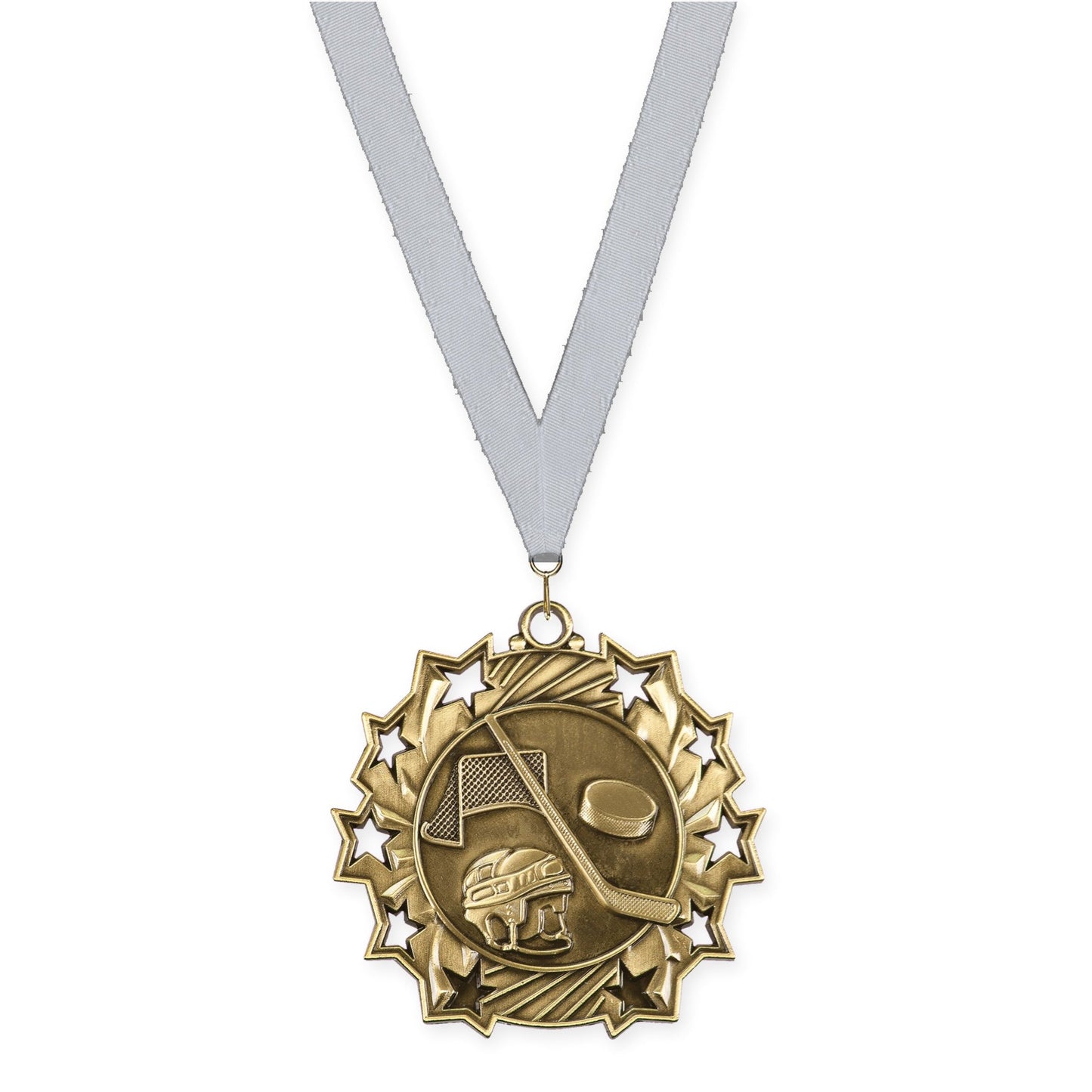 2 1/4 inch hockey Ten Star medal in antique gold with Silver Metallic neck ribbon