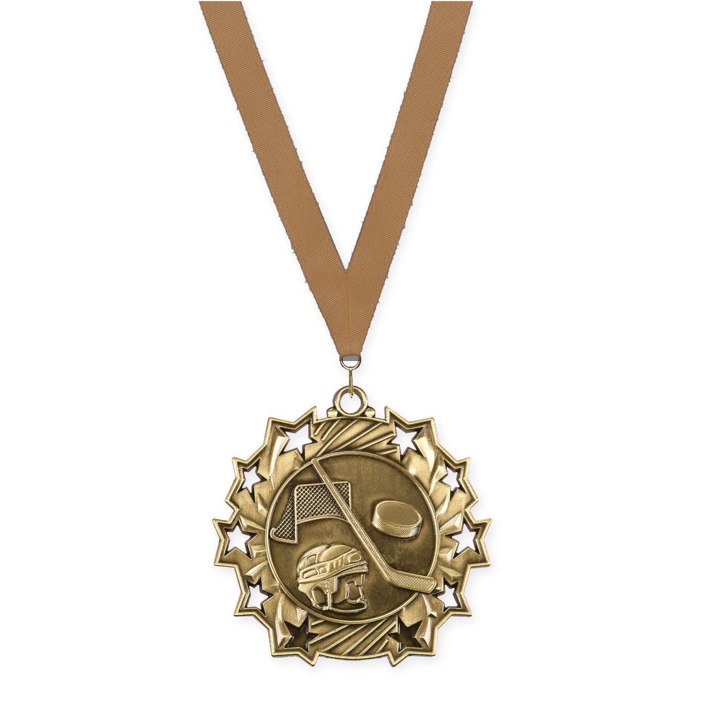 2 1/4 inch hockey Ten Star medal in antique gold with Bronze Metallic neck ribbon