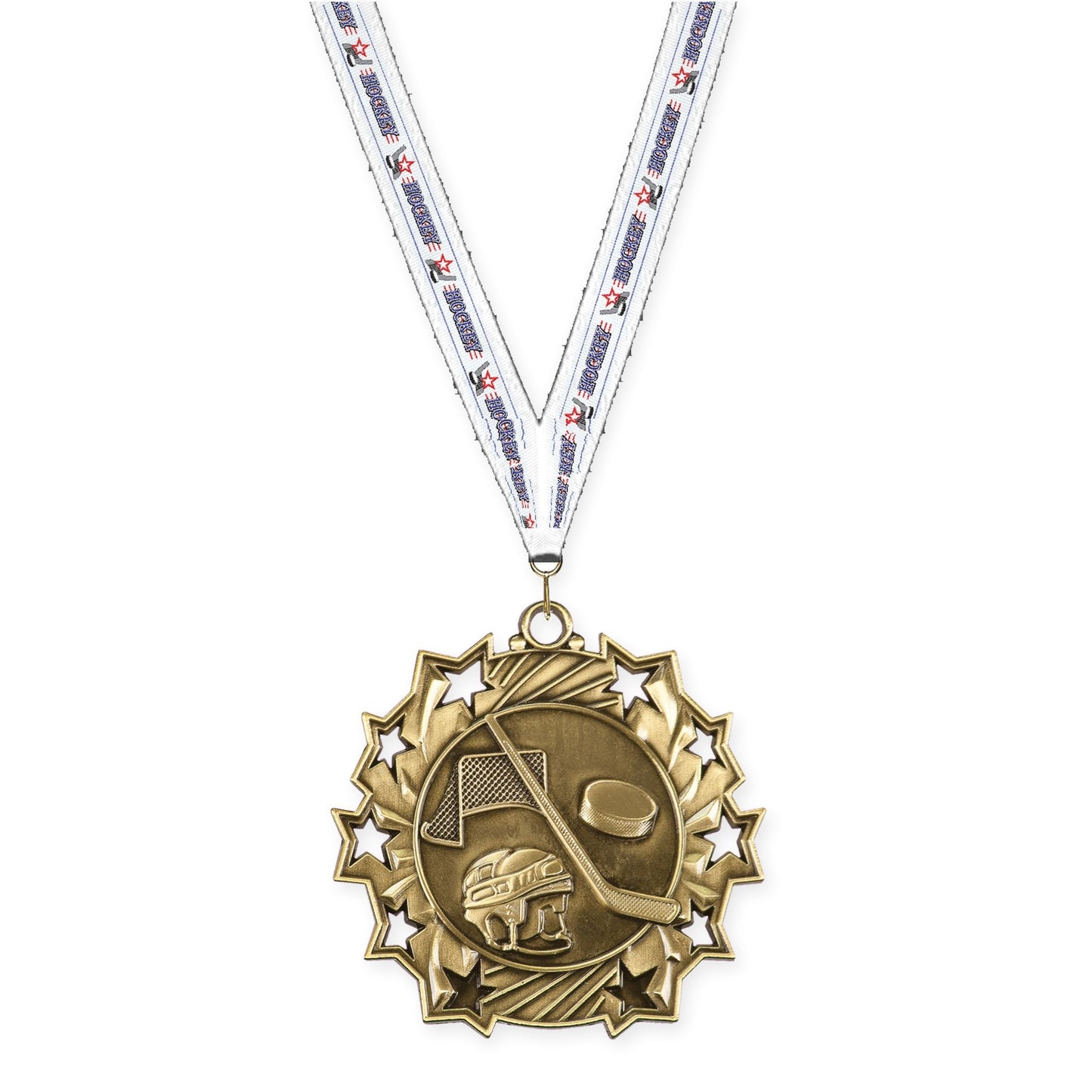 2 1/4 inch hockey Ten Star medal in antique gold with Hockey neck ribbon