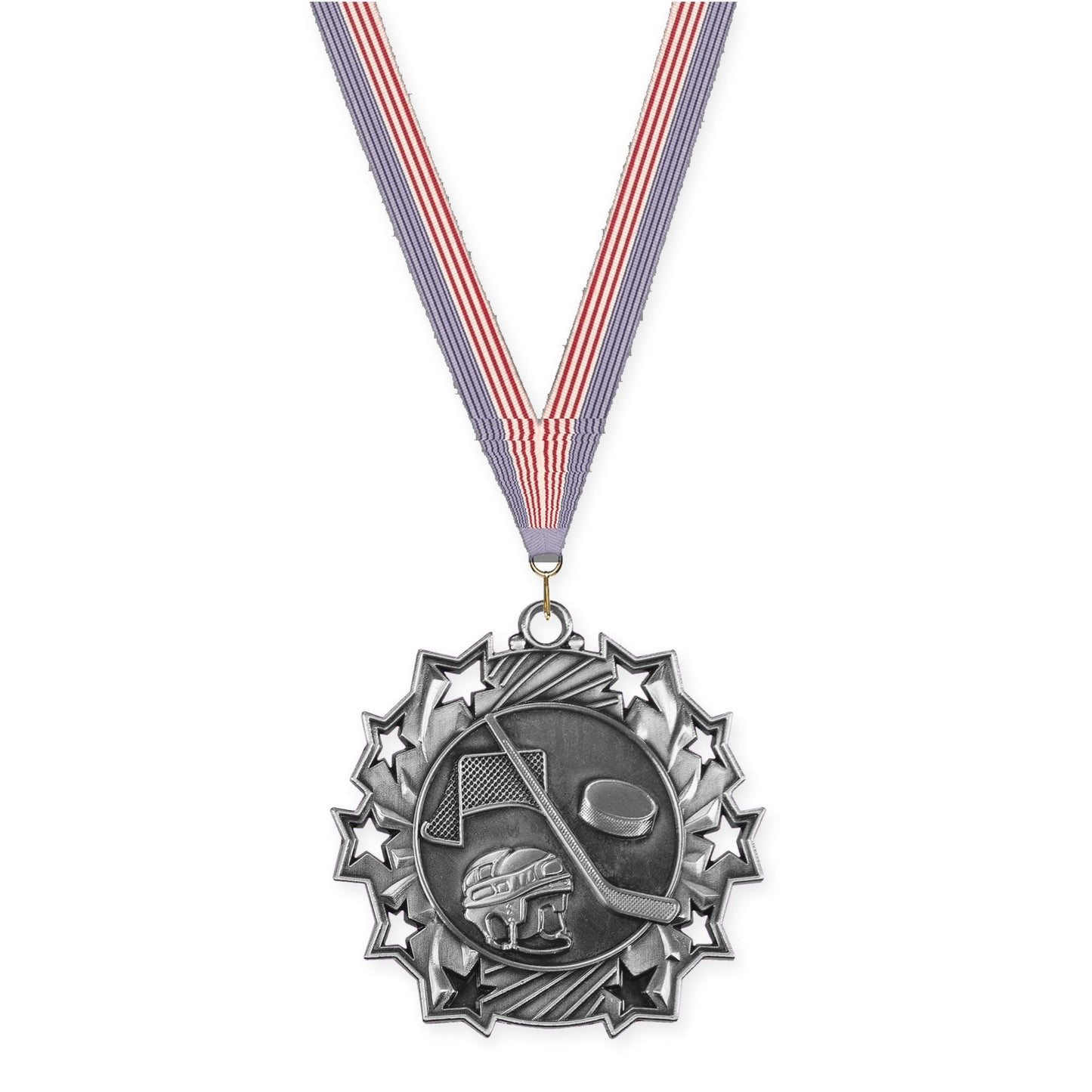 2 1/4 inch hockey Ten Star medal in antique silver with USA Flag neck ribbon
