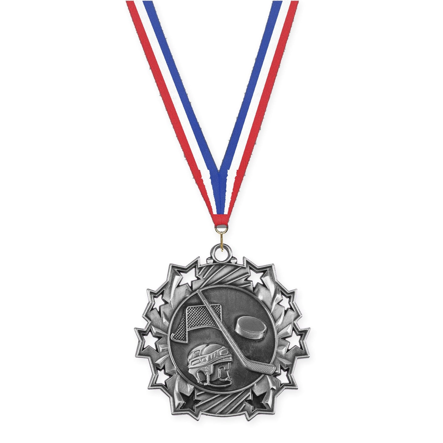 2 1/4 inch hockey Ten Star medal in antique silver with Red White Blue neck ribbon