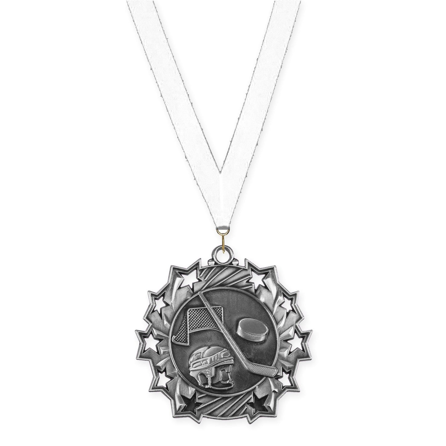 2 1/4 inch hockey Ten Star medal in antique silver with White neck ribbon
