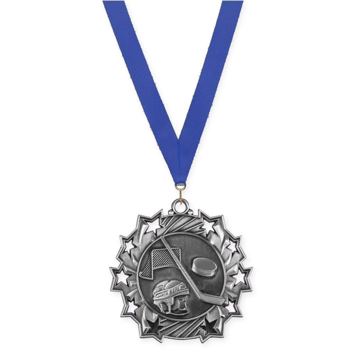 2 1/4 inch hockey Ten Star medal in antique silver with Blue neck ribbon