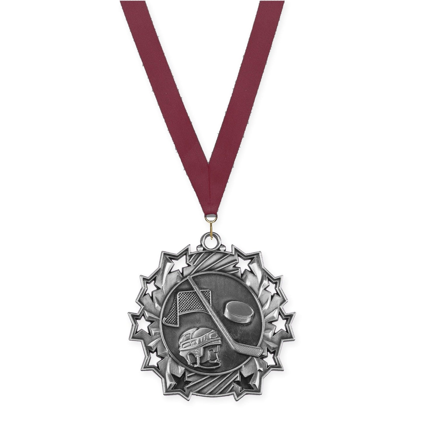 2 1/4 inch hockey Ten Star medal in antique silver with Maroon neck ribbon