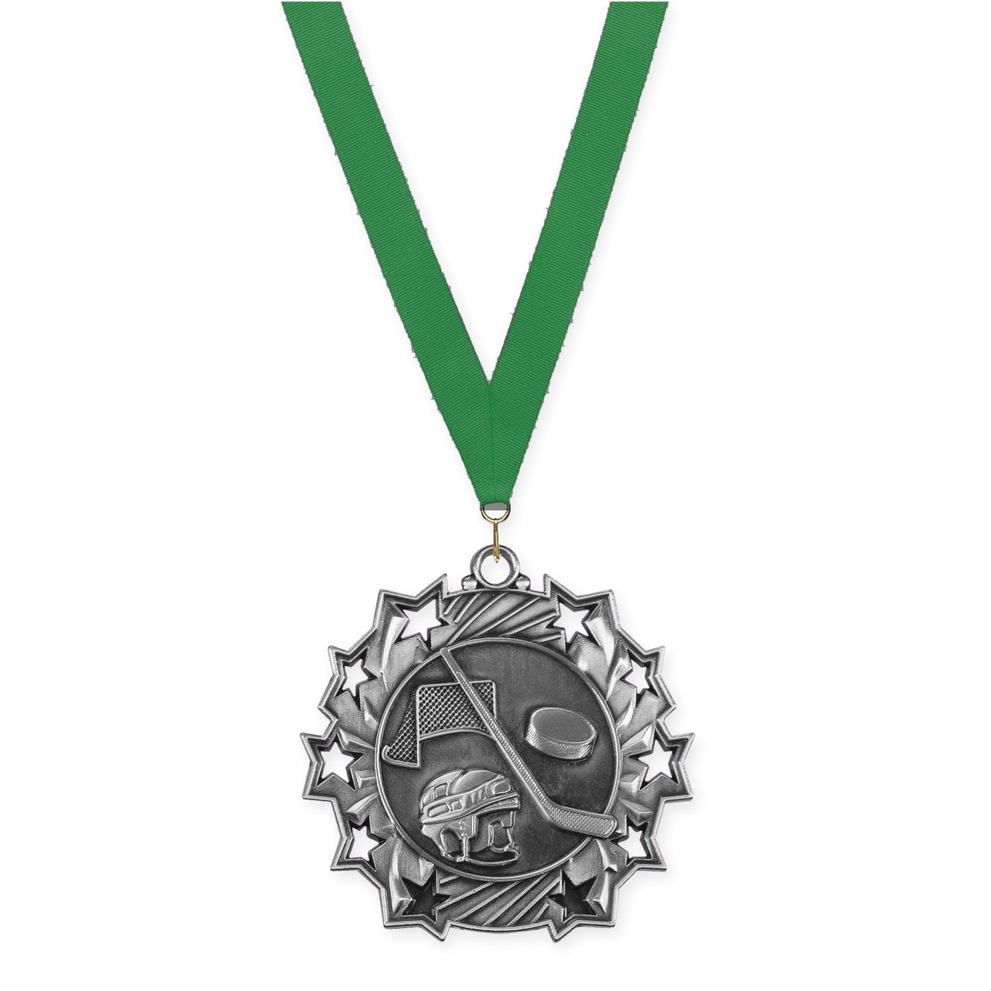 2 1/4 inch hockey Ten Star medal in antique silver with Green neck ribbon