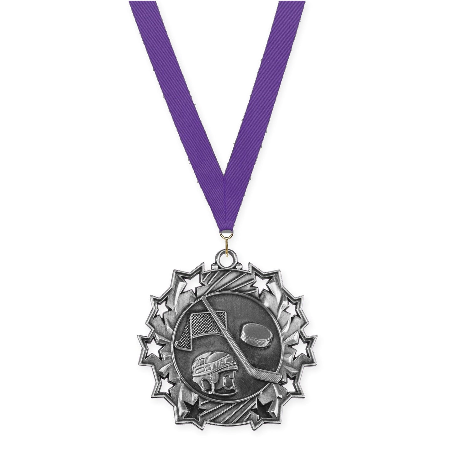 2 1/4 inch hockey Ten Star medal in antique silver with Purple neck ribbon