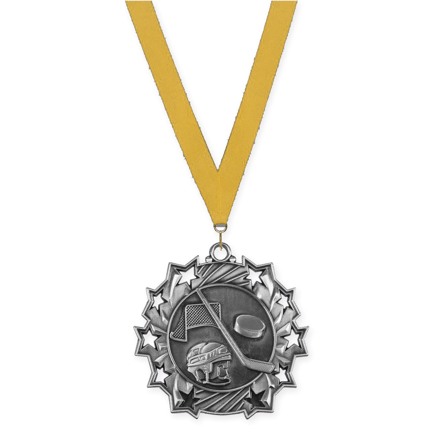 2 1/4 inch hockey Ten Star medal in antique silver with Gold neck ribbon