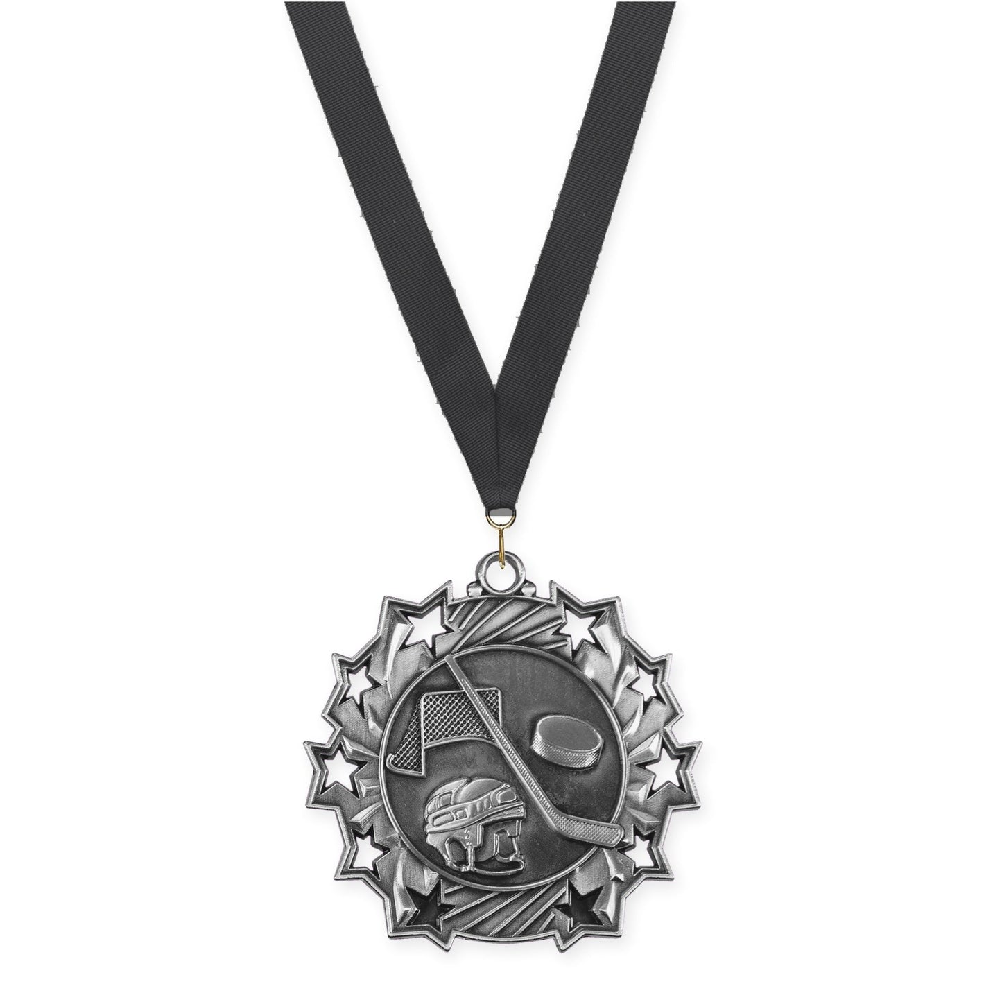 2 1/4 inch hockey Ten Star medal in antique silver with Black neck ribbon