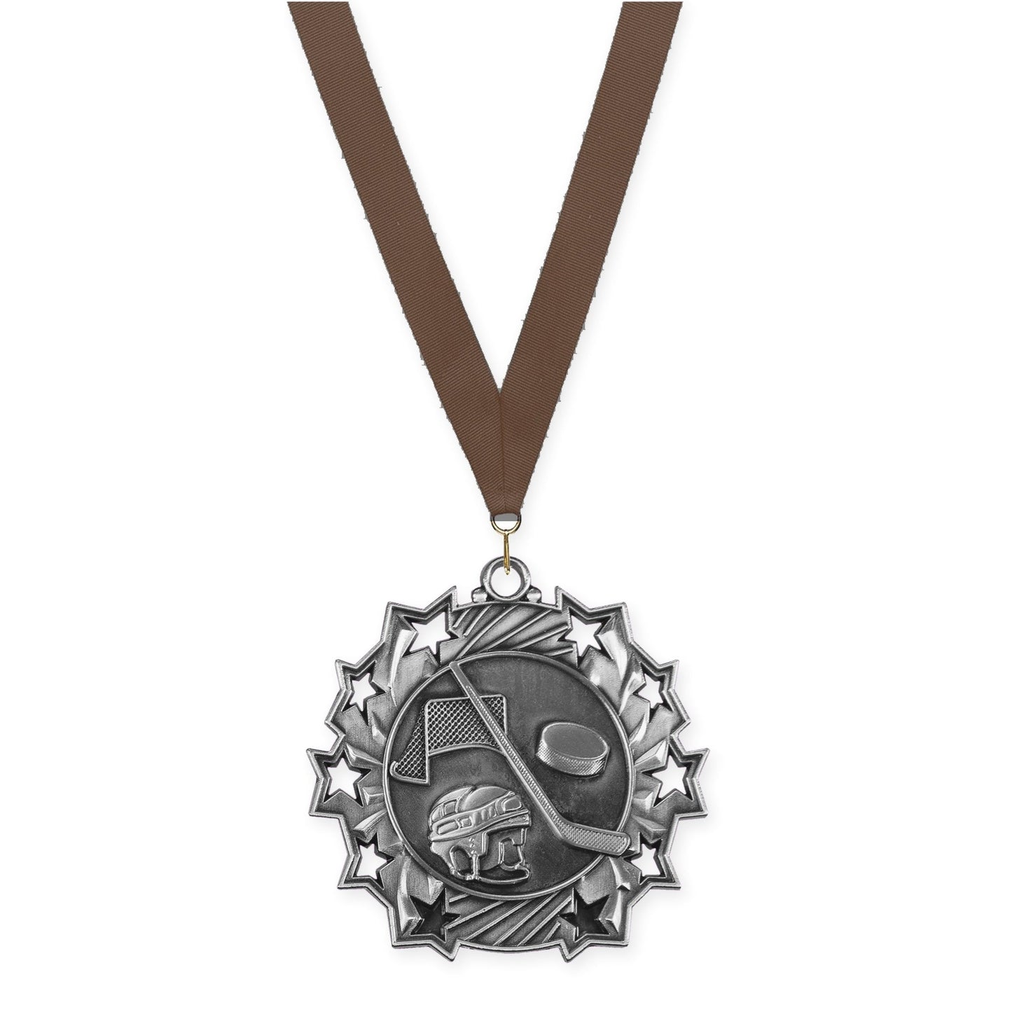 2 1/4 inch hockey Ten Star medal in antique silver with Brown neck ribbon