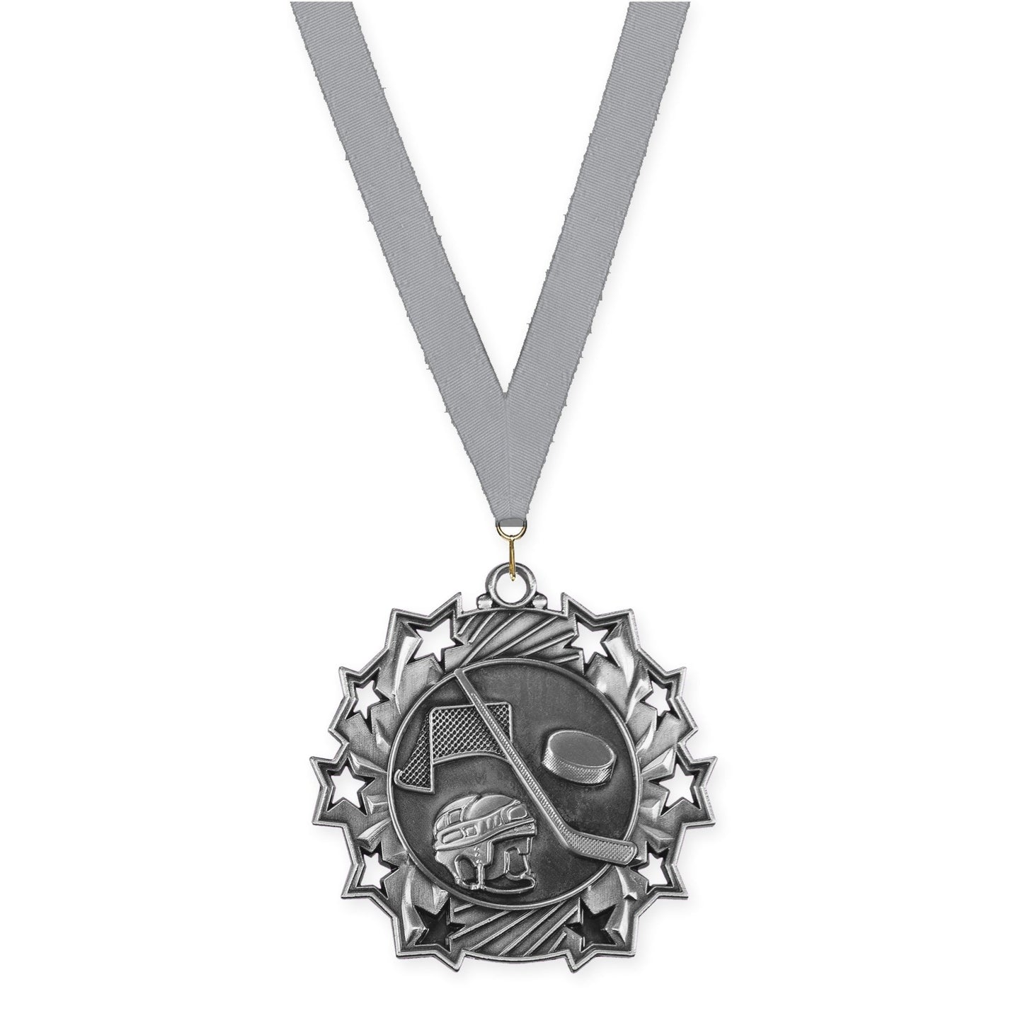 2 1/4 inch hockey Ten Star medal in antique silver with Gray neck ribbon