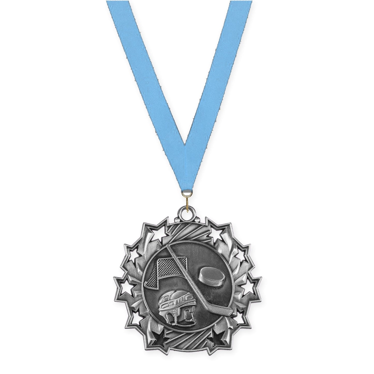 2 1/4 inch hockey Ten Star medal in antique silver with Light Blue neck ribbon