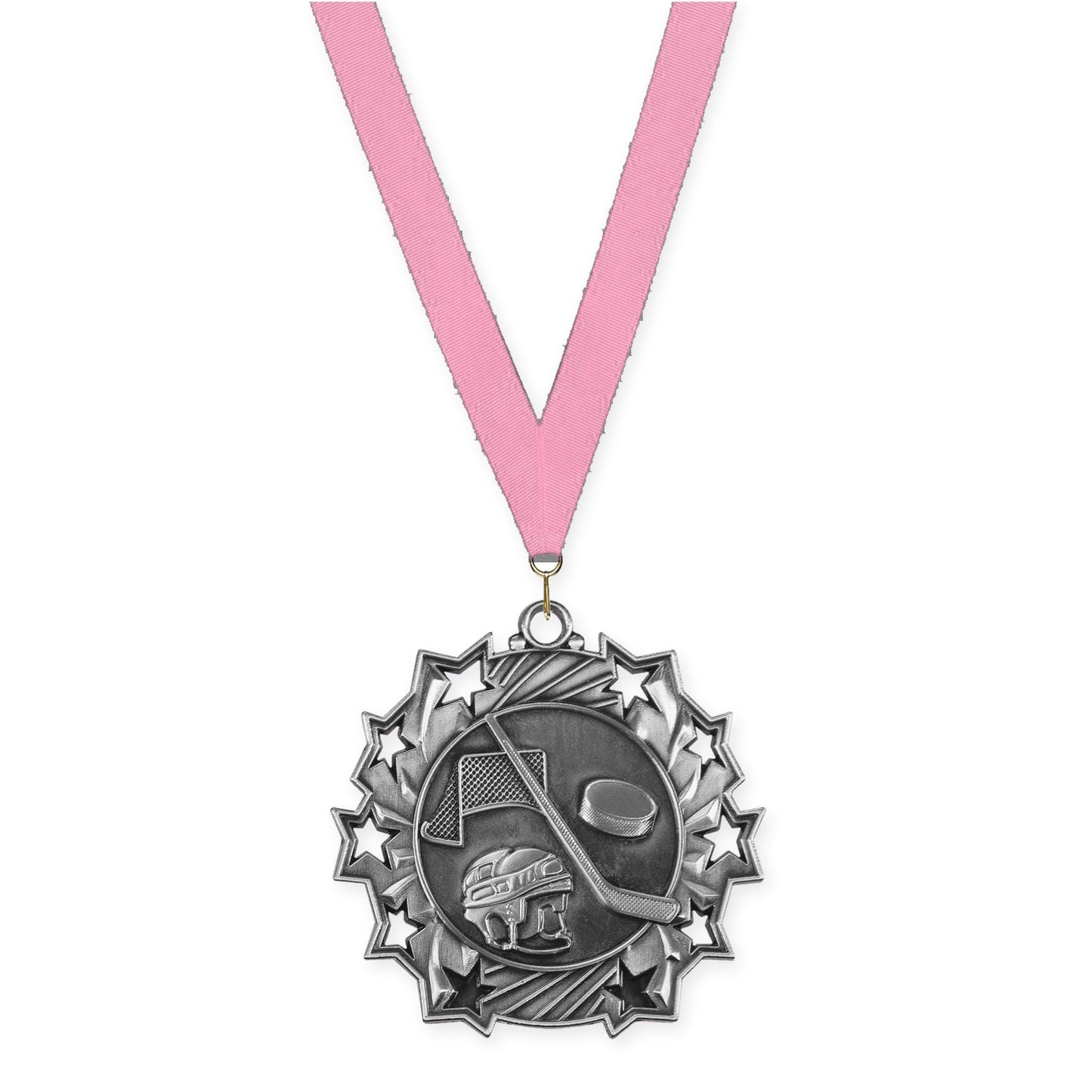 2 1/4 inch hockey Ten Star medal in antique silver with Pink neck ribbon