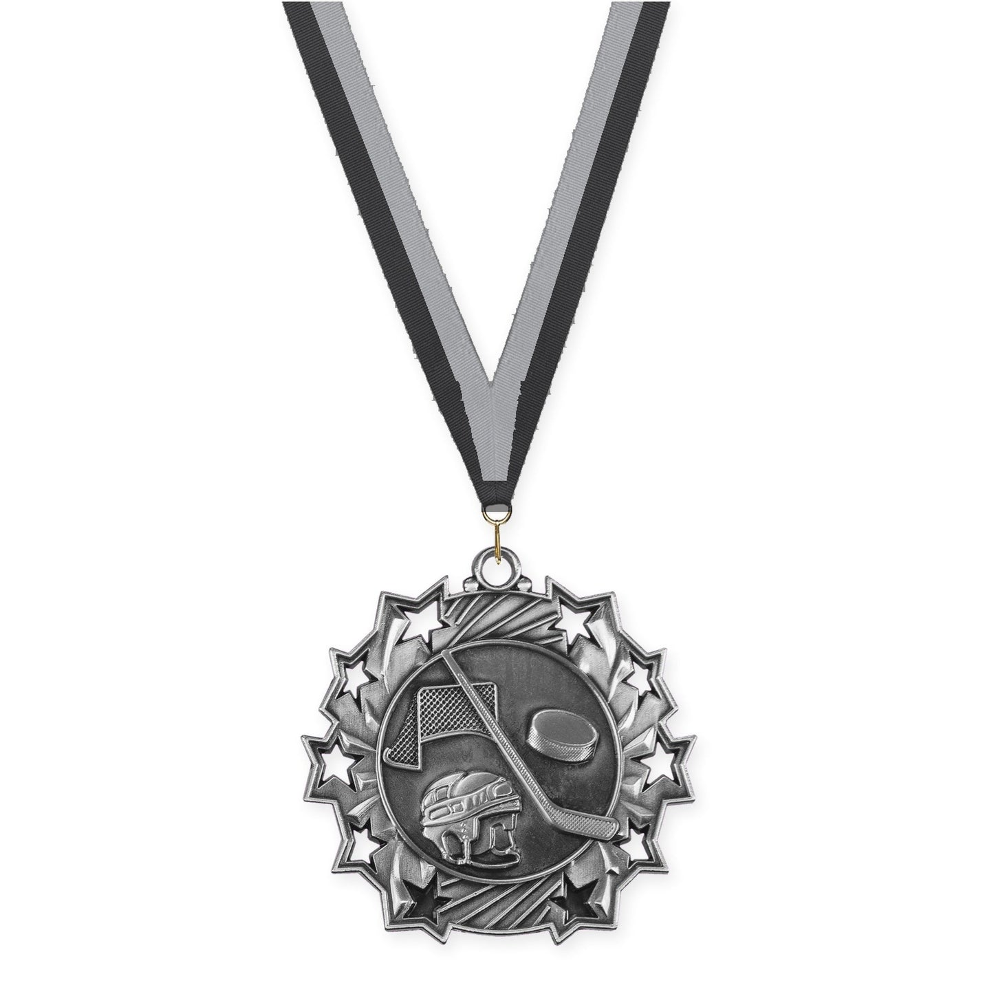2 1/4 inch hockey Ten Star medal in antique silver with Black Gray neck ribbon
